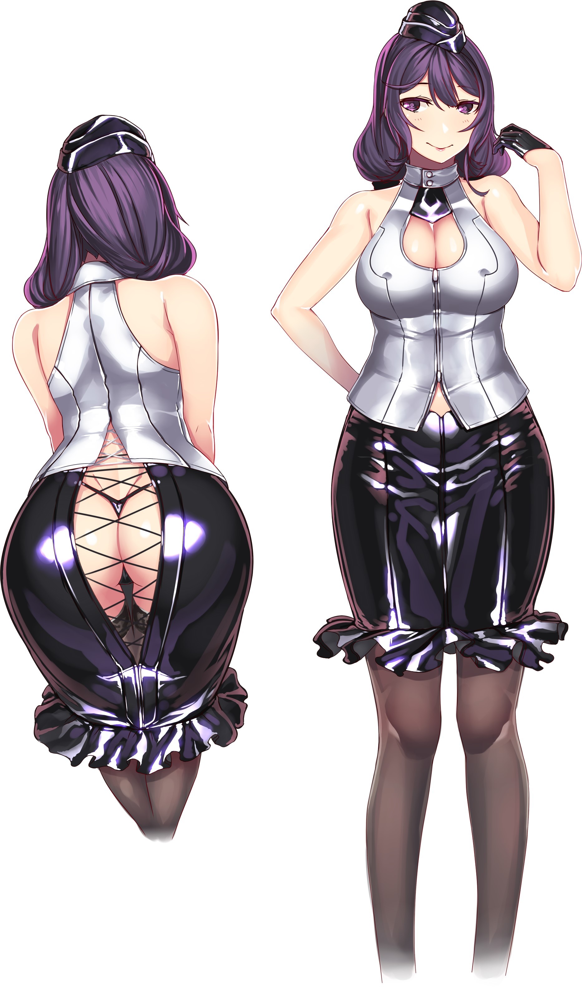 ass, cosplay, dress, female, female admiral (kantai collection), female only, gloves, hat, hiememiko, kantai collection, plain background, purple eyes, purple hair, solo, stockings, tagme, thong
