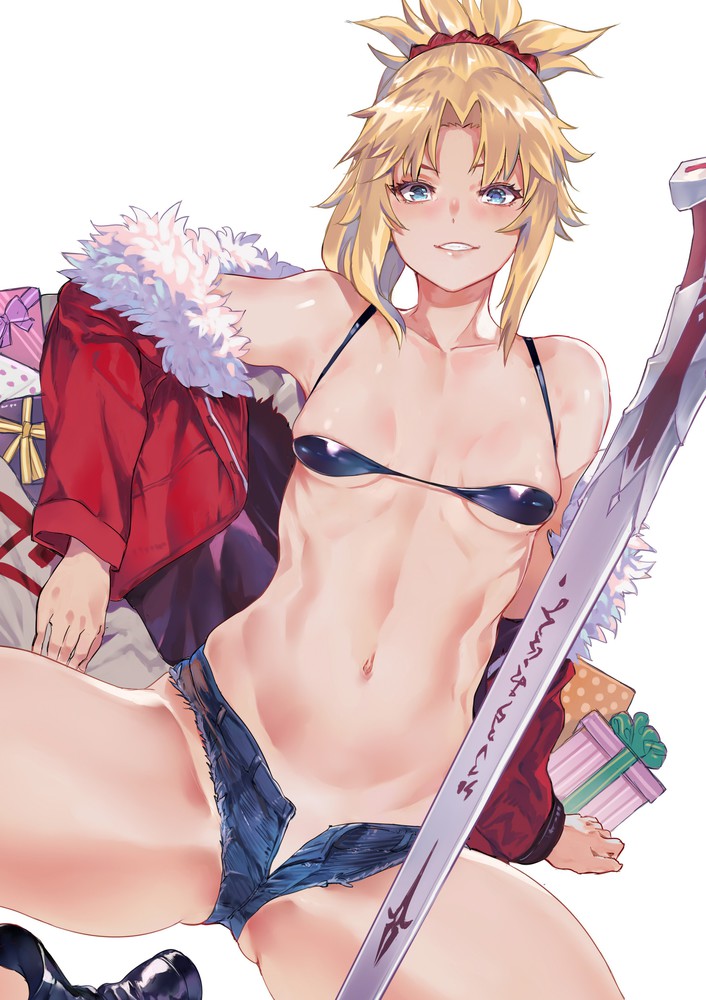 bikini, blonde hair, blue eyes, boots, booty shorts, breasts, cutoffs, denim, denim shorts, fate (series), fate/apocrypha, fate/grand order, female, female only, flat chest, jacket, long hair, looking at viewer, micro bikini, mordred (fate), navel, ponytail, revealing clothes, small breasts, smile, solo, tied hair