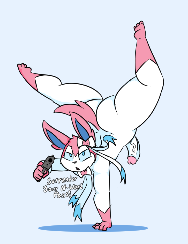 1boy anthro anthrofied ass big_ass chubby comedy dialogue eeveelution femboy fur furry girly gun half-closed_eyes handstand iguanasarecool male male_only meme nintendo nude original_character penis pink_fur pokémon_(species) pokemon pokemon_(species) pokemon_xy ranged_weapon ribbons simple_background sylveon text thick_thighs veins veiny_penis video_games weapon what white_fur wide_hips