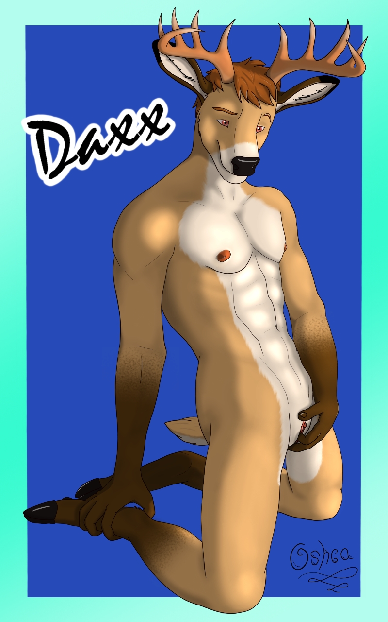 anthro antlers brown_hair cervid cervine cuntboy daxx_(dkmt12) hair horn intersex kneeling mammal nipples oshca pussy solo