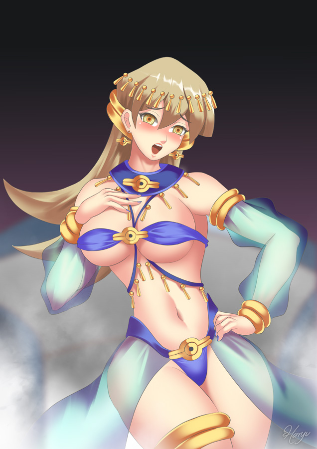 1girls, alexis rhodes, amber eyes, belly, belly dancer, belly dancer outfit, blonde hair, blush, brainwashing, breasts, curvaceous, curvy, detached sleeves, earrings, eyebrows visible through hair, female, female only, hand on breast, hand on hip, harem girl, harem outfit, haryudanto, hourglass figure, jewelry, large breasts, long hair, mind control, nail polish, open mouth, see-through, slave, slave outfit, solo, solo female, standing, tenjouin asuka, underboob, voluptuous, wide hips, yu-gi-oh!, yu-gi-oh! gx
