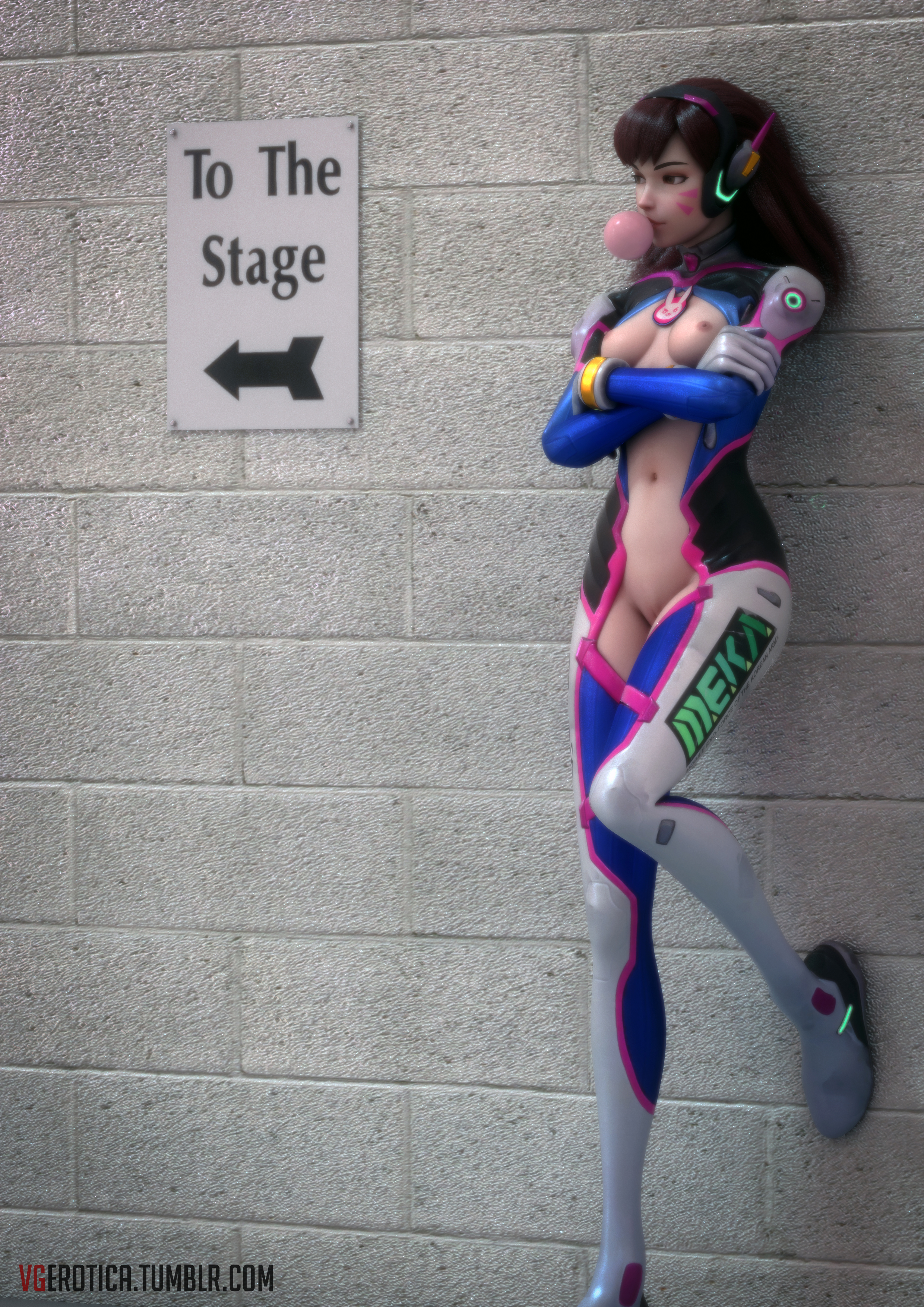 1girls, 3d, blowing bubblegum, bodysuit, breasts, brown eyes, brown hair, bubble gum, d.va, english text, exposed breasts, exposed pussy, facial markings, female, female only, functionally nude, functionally nude female, gloves, headgear, navel, no bra, no panties, overwatch, pussy, shaved pussy, sign, solo, standing, standing on one leg, text, tumblr username, vgerotica
