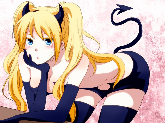 1girls, bent over, bent over table, blonde hair, blue eyes, blush, breasts, canon genderswap, cleavage, devil horns, devil tail, female, female only, gender transformation, genderswap, genderswap (mtf), gloves, horns, lingerie, long gloves, looking at viewer, naruko, naruto, naruto (series), naruto shippuden, rule 63, short shorts, shorts, solo, solo focus, tail, transformation, twintails, uzumaki naruto, whisker markings, yellow hair