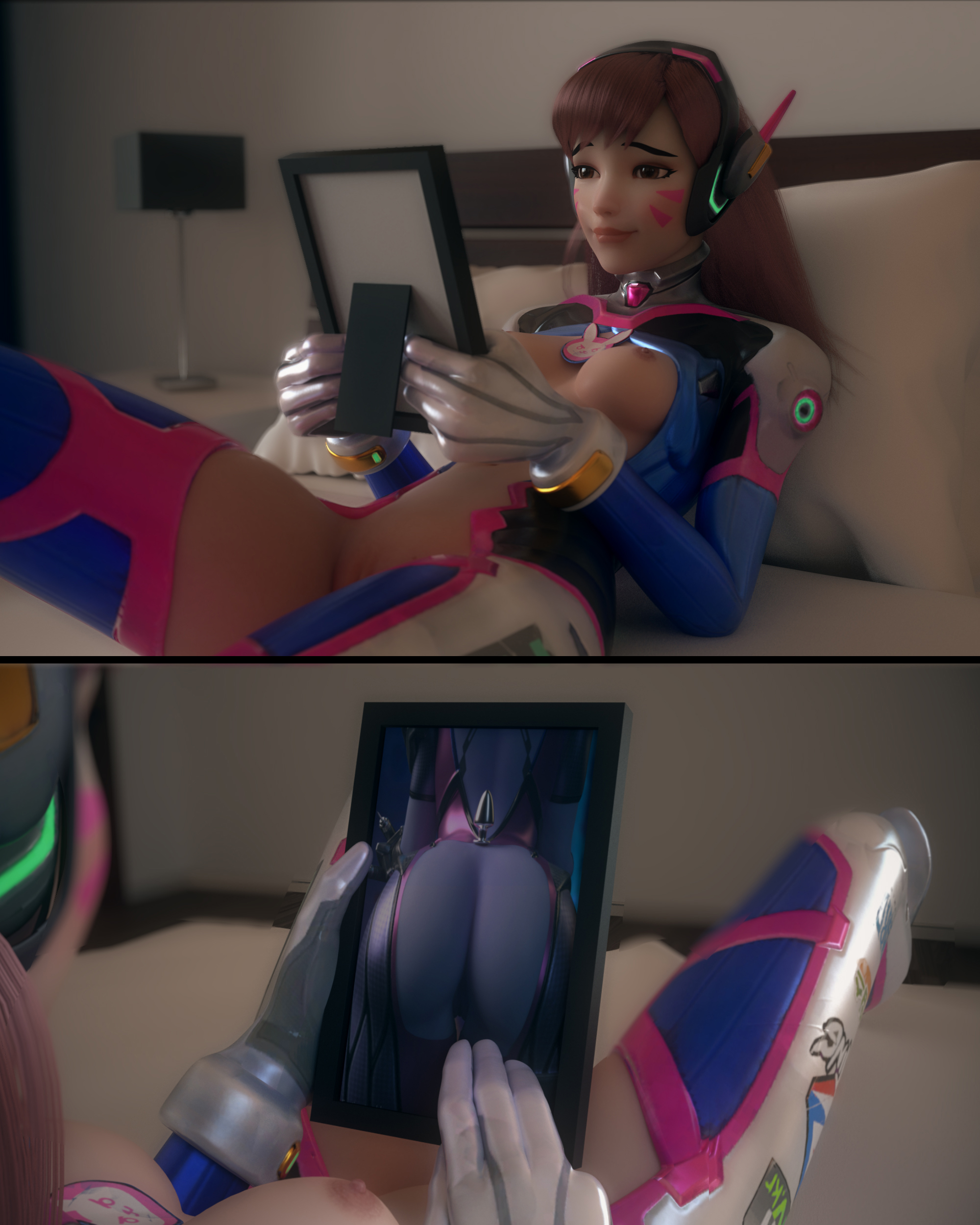 3d, admiring, ass, breasts, brown eyes, brown hair, d.va, duo, female, female only, meme, overwatch, partially clothed, picture frame, vgerotica, widowmaker, yuri