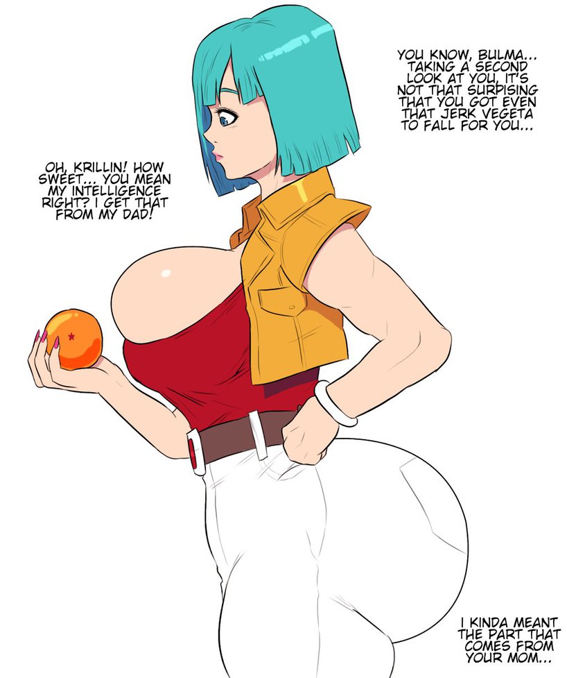 1girls, 2d, adult, adult female, alternate version available, ass, belt, blue eyes, blue-eyed female, bracelet, breasts, brown belt, bulma briefs, cameltoe, cleavage, curvy, dragon ball, dragon ball (object), fat ass, female, female focus, firm breasts, holding object, huge ass, huge breasts, human, jay-marvel, light makeup, mature female, milf, orange jacket, pink lips, plump ass, pussy, red shirt, short hair, short-haired female, text, thick thighs, turquoise hair, voluptuous, voluptuous female, white background, white pants, wide hips