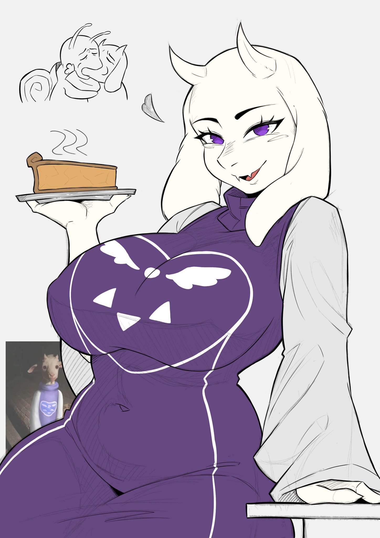 1girls, 2 horns, 2026, anthro female, big breasts, boss monster (undertale), bovid, caprine, clothed, clothing, csr ap07, curvy, curvy body, curvy female, curvy figure, curvy hips, curvy thighs, female, female anthro, food, fur, furry, furry female, gastropod, goat, heart, heart symbol, hi res, horn, horns, horny, huge breasts, kissing, looking at viewer, mammal, mature, mature female, meme, milf, mollusk, mommy, pie, purple eyes, simple background, smile, snail, solo, solo female, thick hips, thick legs, thick thighs, thighhighs, thighs, toriel, undertale, undertale (series), voluptuous, voluptuous female, white body, white fur, wide hips