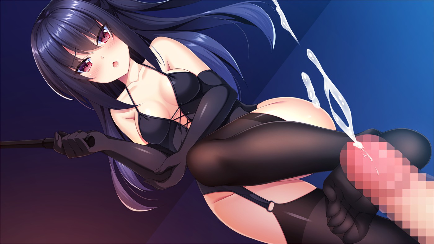 artist request, ass, black stockings, blush, breasts, censored, clothed female, cum, cumshot, dark hair, dominatrix, ejaculation, eyebrows visible through hair, feet, female, femdom, foot fetish, footjob, footjob with legwear, gloves, lingerie, long gloves, long hair, looking at viewer, looking down, male, oomikado mikage, open mouth, penis, purple hair, red eyes, shimojimo no seikatsu o tashinamu tame no tsudoi, small breasts, soles, standing, standing footjob, stockings, toes, whip, wide hips