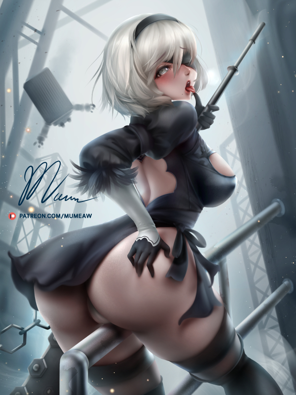 ass ass_grab blush female masturbation mumeaw nier:_automata nier_(series) paid_reward patreon_reward pussy see-through short_hair shy silver_hair sitting sitting_on_object tongue tongue_out yorha_2b