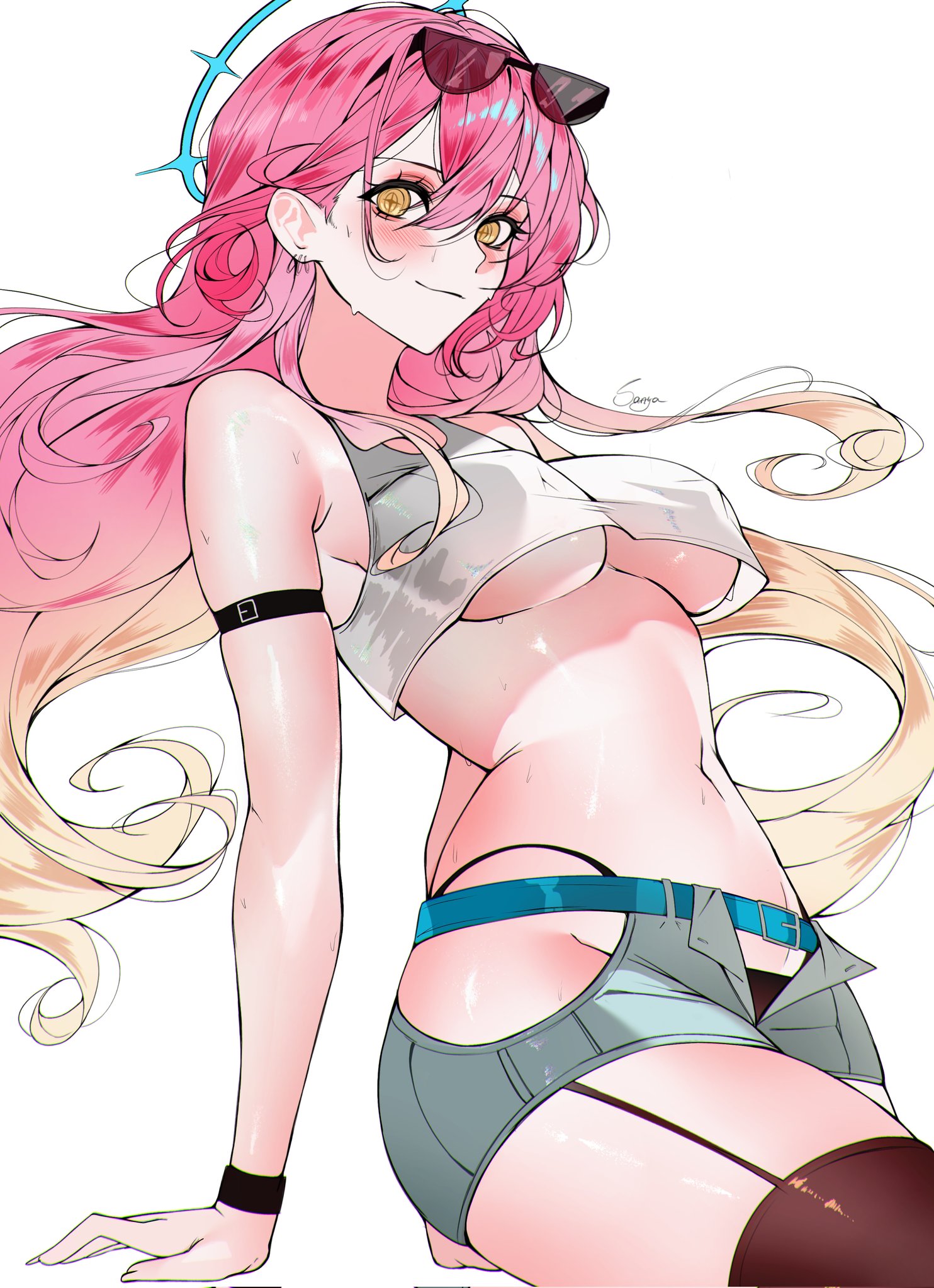 1girls, aemeath (wuthering waves), black panties, black underwear, breasts, brown eyes, exposed breasts, female, female only, long hair, panties, pink hair, ponytail, sunglasses, sunglasses on head, underboob, underwear, wuthering waves