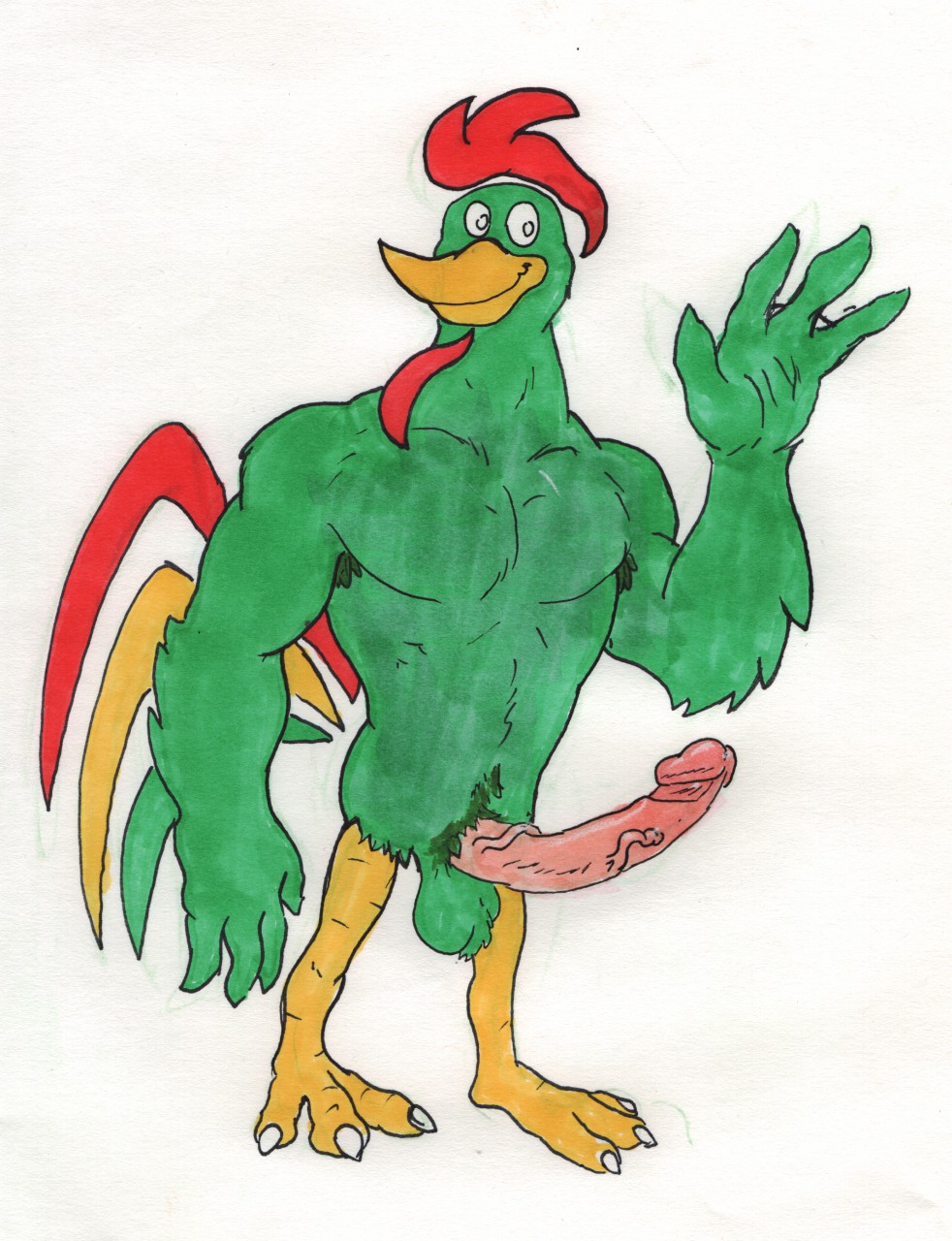 anthro avian azul_(artist) balls beak biceps bird chicken cornelius_(kellogg's) erection feathers green_body humanoid_penis male male_only mascot muscular muscular_male nude pecs penis simple_background smile solo vein white_background