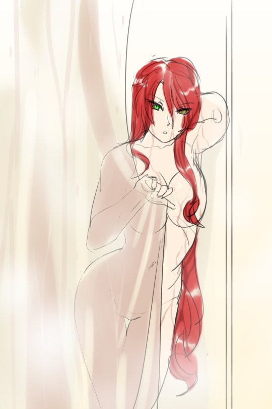 1girls censored covered_nipples covering female green_eyes hair_covering_breasts leaning_on_elbow long_hair pyrrha_nikos red_hair rwby shower showering sinccubi surprised wet_skin