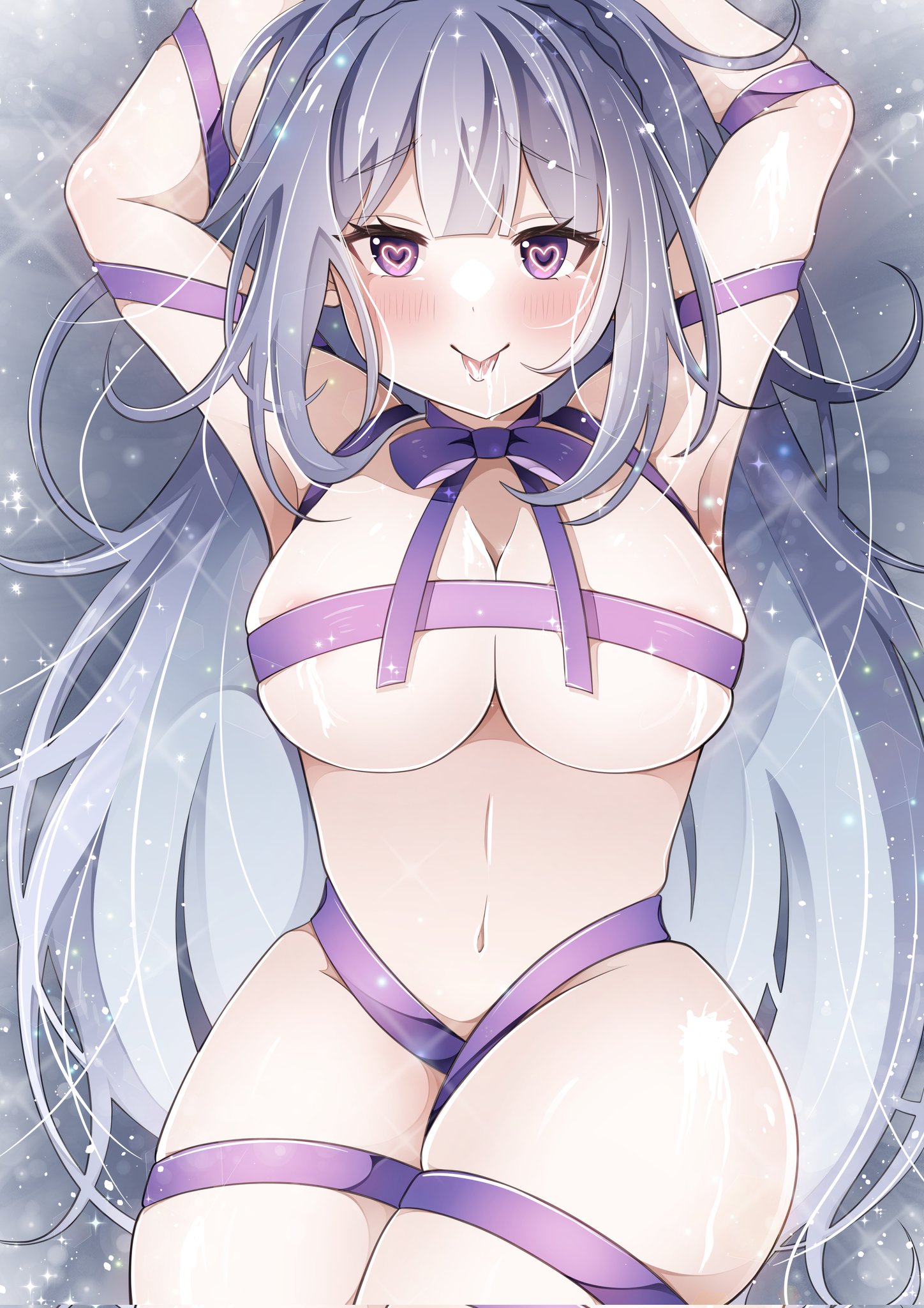 1girls, armpits, arms up, belly, boobs, breasts, cleavage, elf, elf ears, elf female, emilia (re:zero), front view, gift, heart eyes, heart-shaped pupils, hips, hips wider than shoulders, large breasts, looking at viewer, lying on back, offering to viewer, on bed, purple eyes, re:zero kara hajimeru isekai seikatsu, ribbon, ribbon bondage, silver hair, solo, thick thighs, tongue out