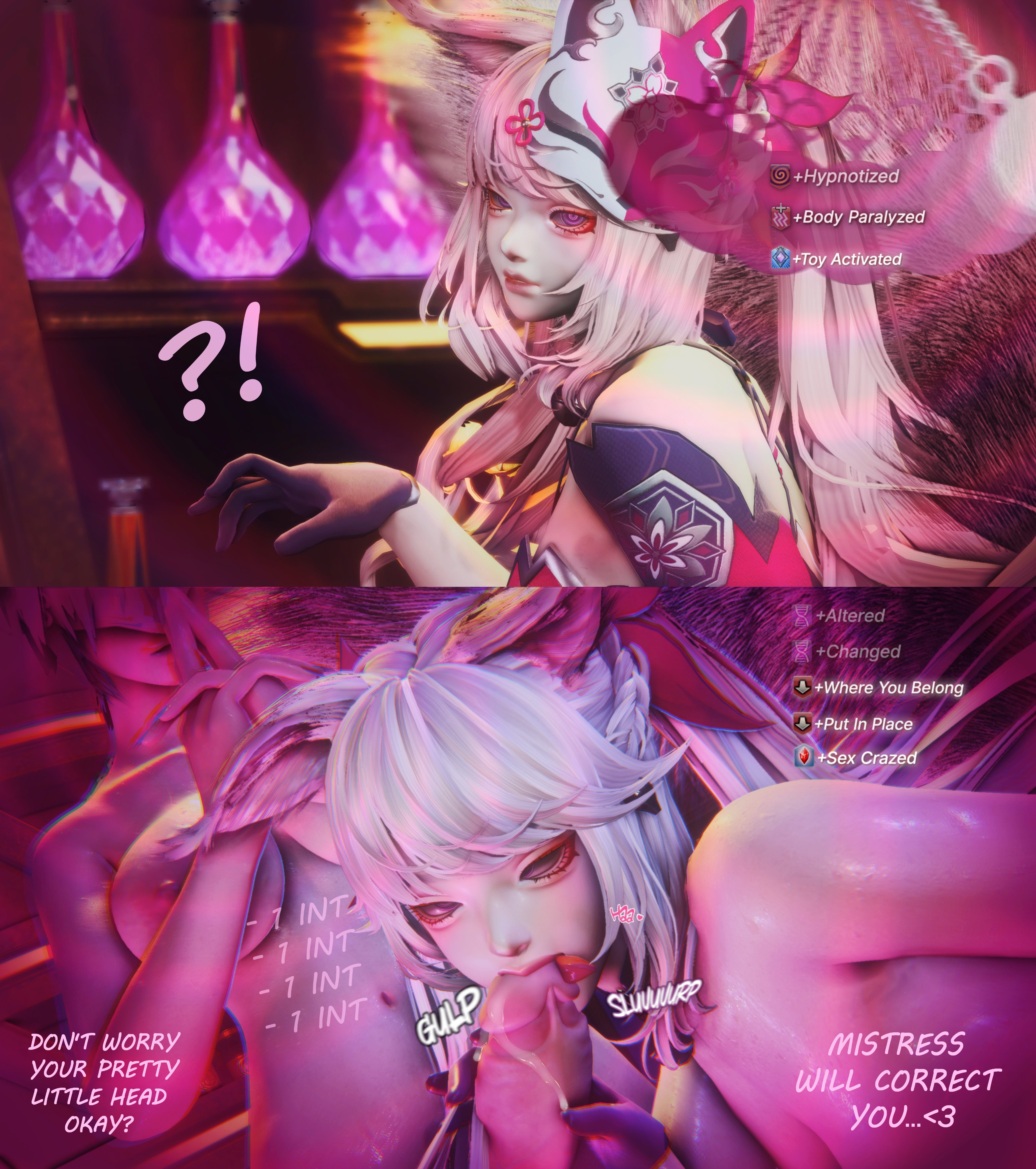 1futa, 1girls, 3d, before and after, blowjob, confused, cum, debuff, english dialogue, english text, fellatio, female, femsub, final fantasy xiv, fox ears, fox girl, futanari, game mechanics, gameplay mechanics, gpose (ffxiv), handjob, hypnosis, instant loss, instant loss 2koma, intelligence drain, intelligence loss, iq loss, level drain, licking, licking penis, mind control, miwwuh, noephie luneau, obedience, oral, penis, precum, sex slave, slave, spiral, status effect, submissive, submissive female, tagme, text, turned submissive