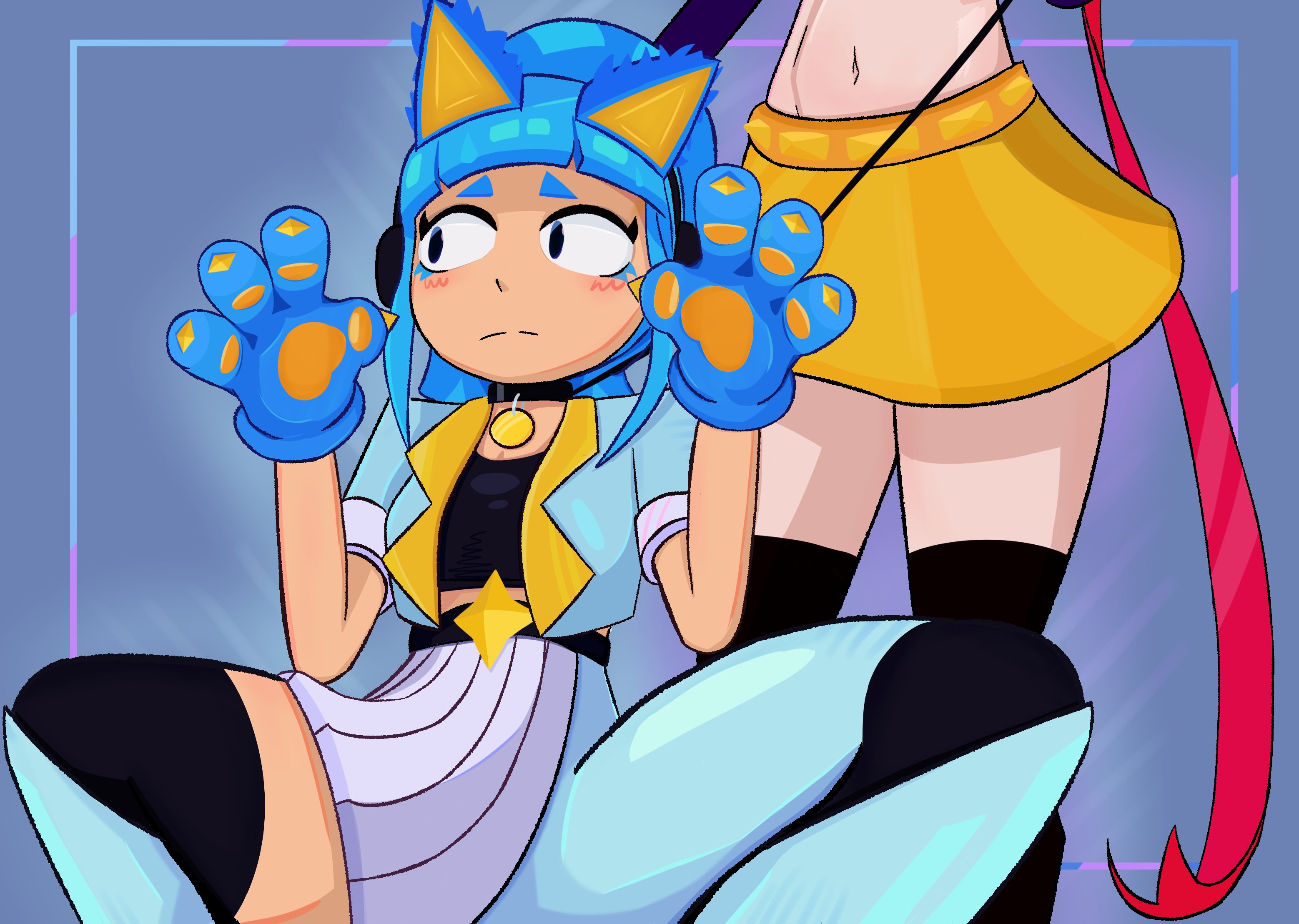 2girls, bdsm, black gloves, black stockings, blue hair, blush, blush face, blush lines, blushing, blushing female, brawl stars, choker, clothed, clothing, collar, defeated, defeated heroine, female, female focus, female only, gloves, humiliation, janet (brawl stars), leash, leash and collar, light skin, light-skinned female, melodie (brawl stars), popstar janet, skirt, spread legs, stockings, tagme, tagme (artist), topwear, villainess