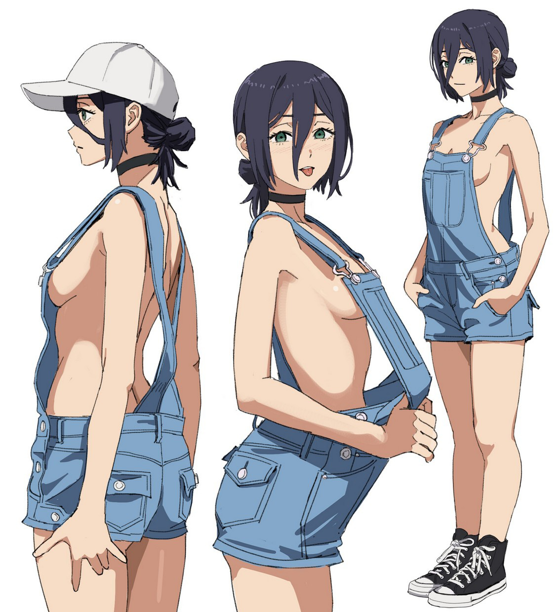 1girls, black hair, breasts, chainsaw man, choker, clothed, converse, denim overalls, female, hair bun, hairbun, hands in pockets, hat, light skin, light-skinned female, overall shorts, overalls, overalls only, reze (chainsaw man), shiren, shoes, sneakers, solo, solo female