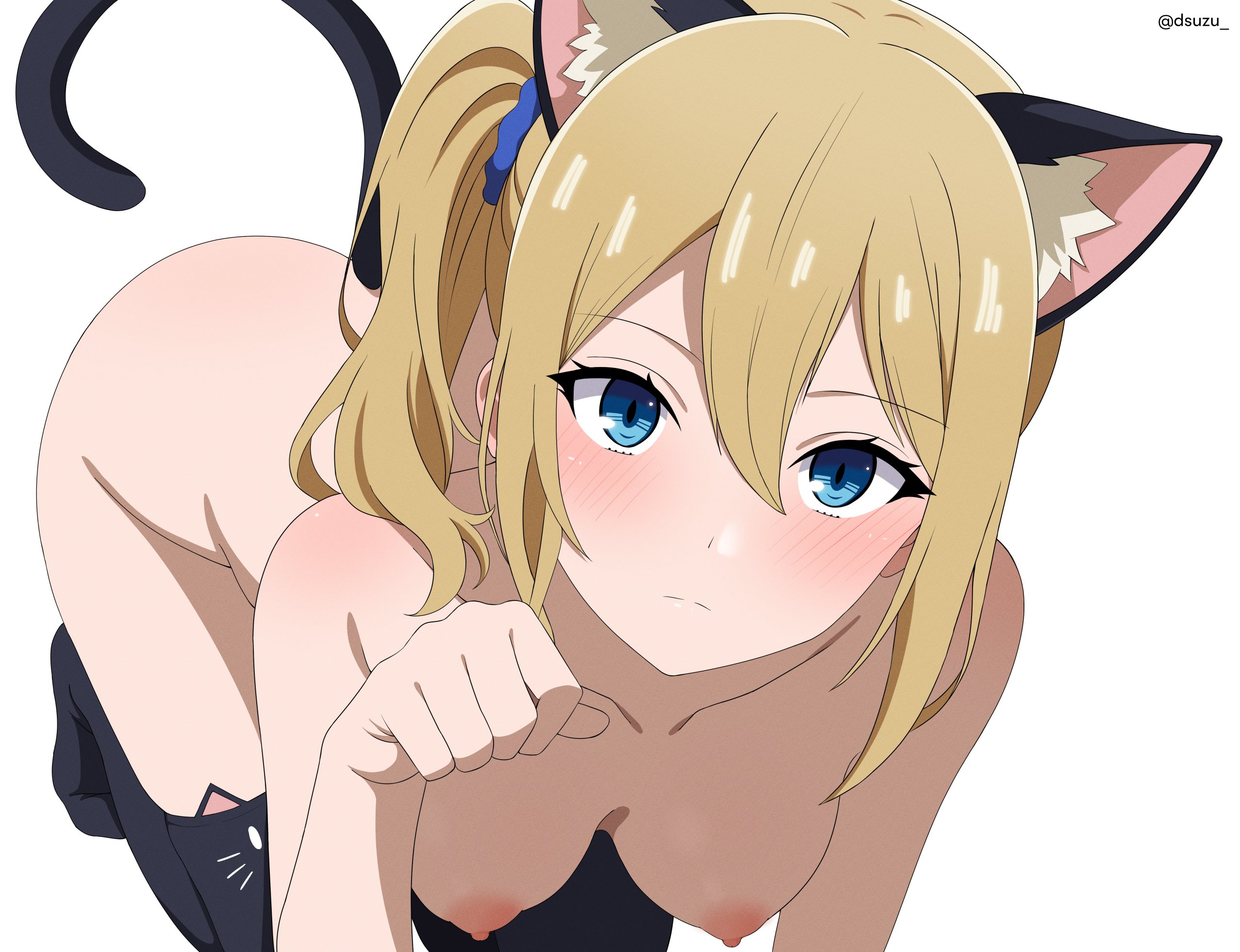 1girls, 2d, 2d (artwork), animal ears, areolae, black stockings, blonde hair, blue eyes, blush, breasts, cat ears, cat girl, cat tail, catgirl, collarbone, dsuzu, embarrassed, fake animal ears, fake cat ears, fanart, female, female only, hayasaka ai, kaguya-sama wa kokurasetai ~tensai-tachi no renai zunousen~, light skin, light-skinned female, looking at viewer, medium breasts, nervous, nipples, nude, nude female, pink nipples, ponytail, short hair, solo, stockings, tail, white background