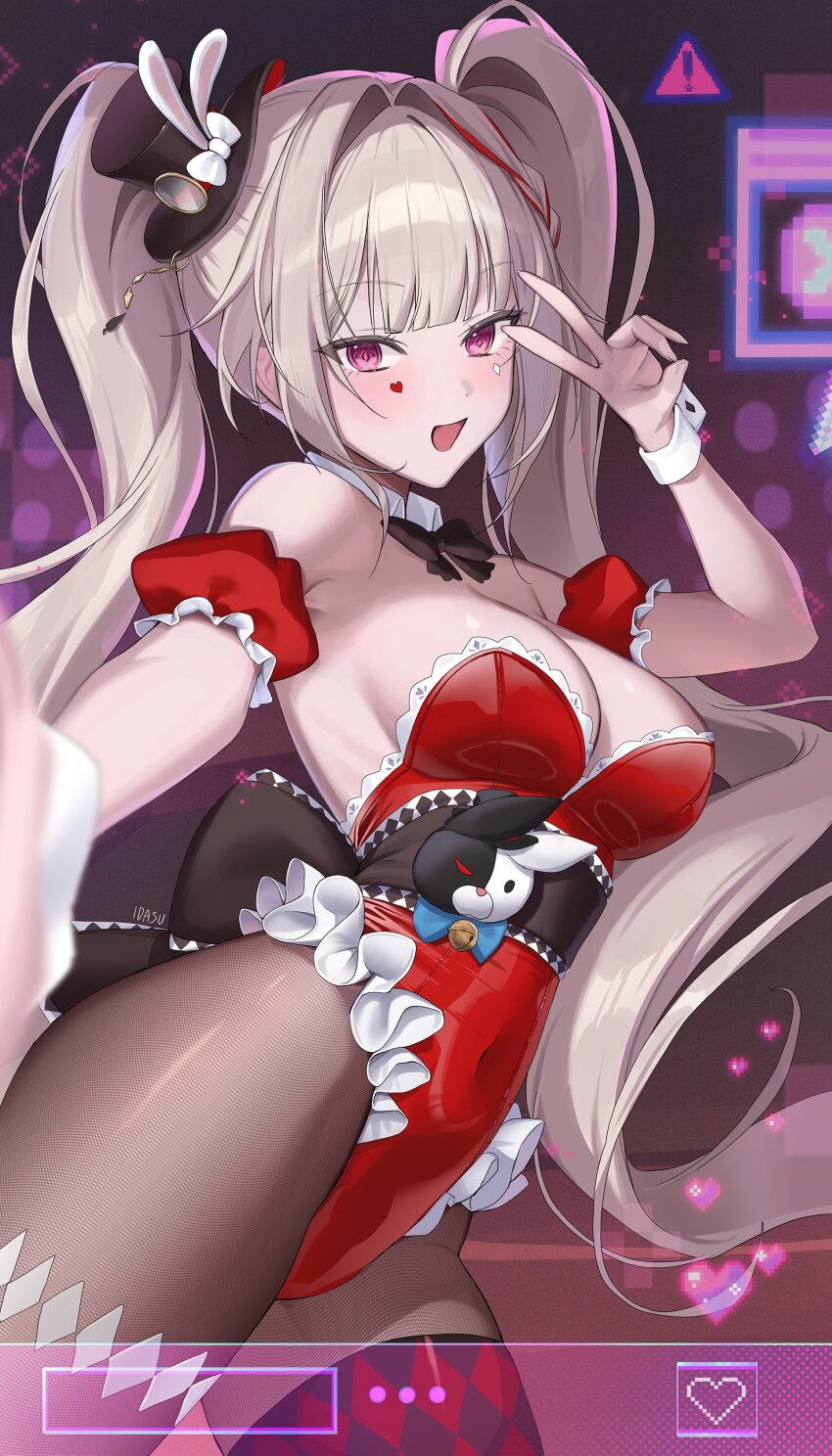 1girls, absurdres, adapted costume, alternate costume, arm cuffs, arms up, belly, belly button, belt, black bow, black hat, black sash, blush, bowtie, breasts, brown pantyhose, bunny plush, bunnysuit, covered navel, cowboy shot, detached collar, facial markings, female, female only, frilled leotard, frills, hair intakes, hat, heart symbol, highres, hips, hips wider than shoulders, honkai (series), honkai: star rail, leotard, long hair, looking at viewer, makeup, medium breasts, mini hat, open mouth, pantyhose, peace sign, petite, petite body, petite female, pink eyes, playboy bunny, red eyes, red leotard, sash, smile, solo, sparkle (honkai: star rail), sparxie (honkai: star rail), strapless, strapless leotard, symbol-shaped pupils, tan hair, thick thighs, thighs, top hat, twintails, video game character, white hair, wrist cuffs