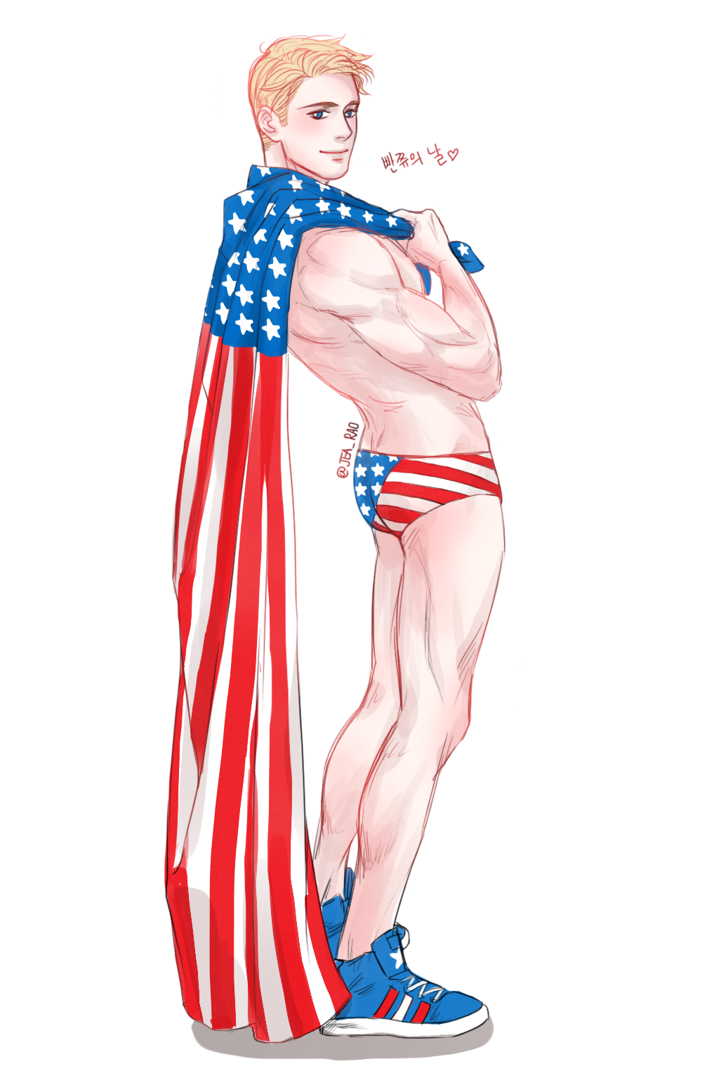 1boy american_flag american_flag_speedo ass captain_america flag_speedo male male_only marvel muscular_male shirtless shoes sneakers solo solo_male speedo steve_rogers swimsuit swimwear topless_male