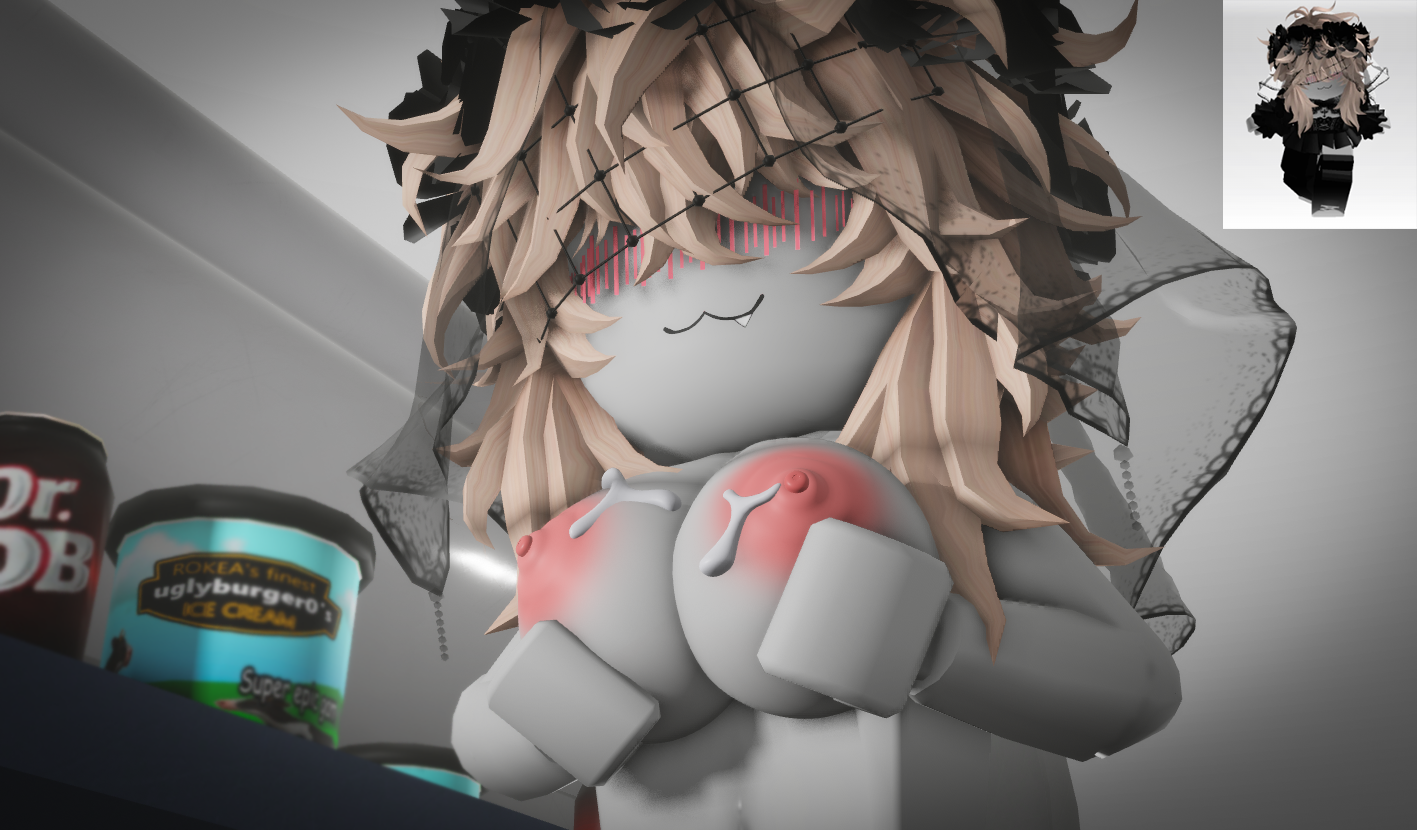 :3, 1girls, 3d, after sex, areolae, blush, blush lines, breasts, caressing breasts, cum, cum on breasts, cute, cute face, cute fang, female, female only, hands on breasts, holding breast, ninjashyper2, nipples, public, public nudity, reference image, roblox, roblox avatar, roblox game, robloxian, scp-3008, scp-3008 (game), self upload, silly, silly face, small breasts, tiny breasts, tiny female, toothy grin
