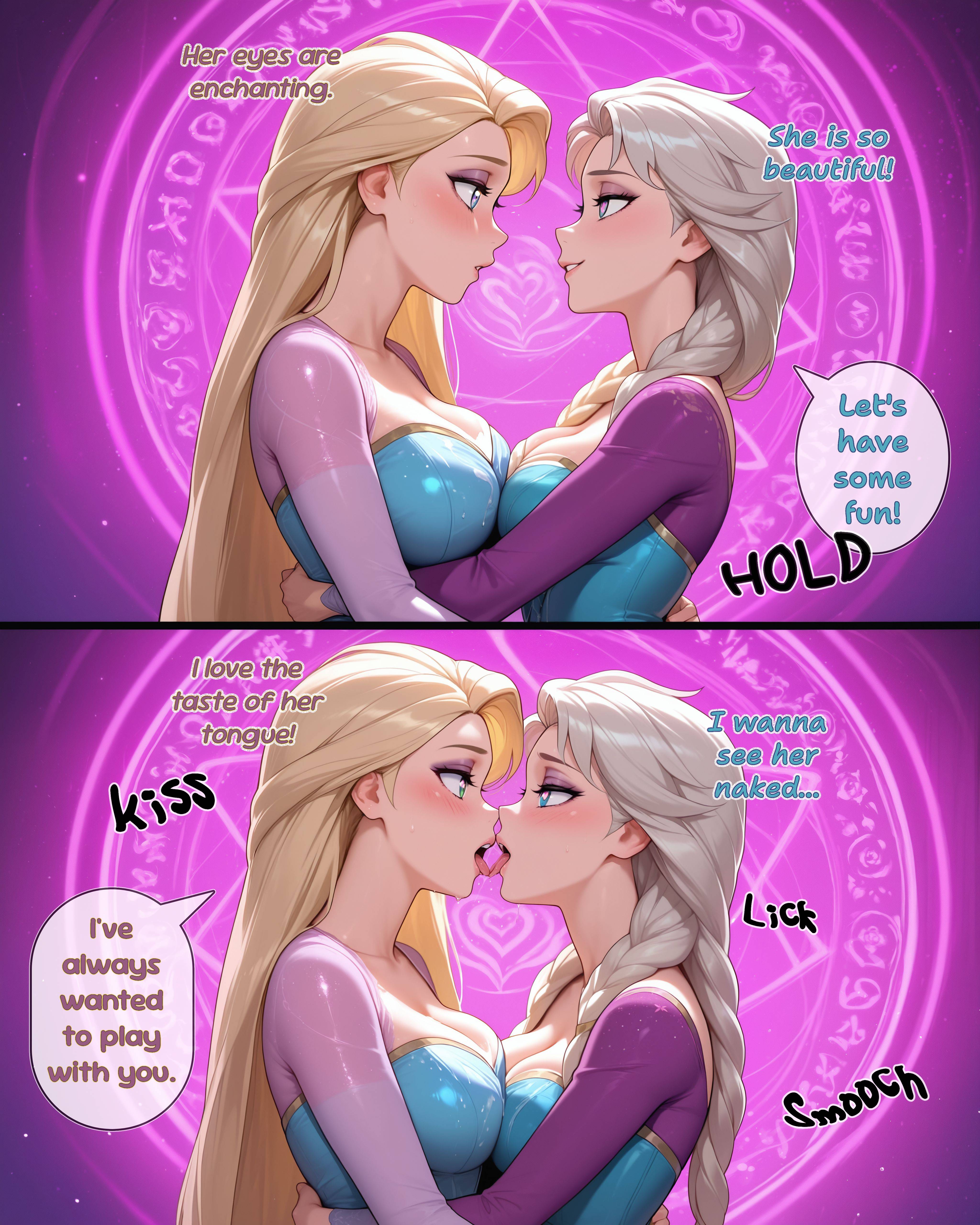 2girls, ai generated, big breasts, blonde female, blonde hair, blonde hair female, blonde-haired female, blue eyes, blush, braid, comic, comic page, disney, disney princess, elsa (frozen), english, english text, eyeshadow, female, foot fetish, foot play, footjob, french kiss, frozen (film), frozen 2, green eyes, incest, kissing, lesbian sex, light skin, light-skinned female, mind break, mind control, open mouth, perfect body, rapunzel, rapunzel (tangled), sexy body, sexy female, soles, speech bubble, tangled, tangled: the series, toes, tongue out, uncensored, very long hair, yuri