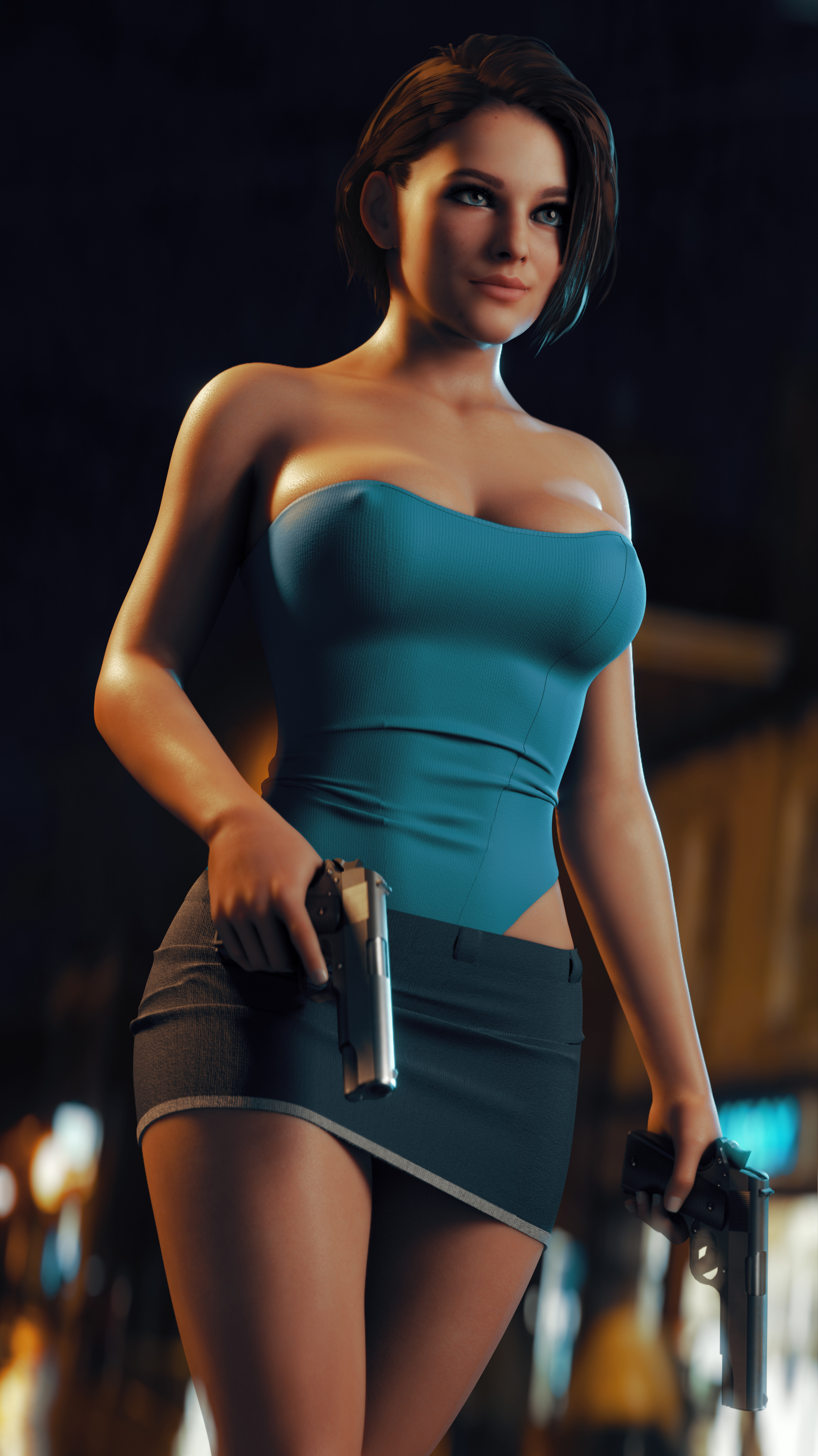 1girls, 3d, ass, big ass, big breasts, blue dress, breasts, brown hair, capcom, dress, erect nipples, female, female only, gun, jill valentine, jill valentine (sasha zotova), light skin, light-skinned female, miniskirt, night, resident evil, resident evil 3, resident evil 3 remake, sentinelart, shoes, short hair, skirt, solo, solo female, tubetop