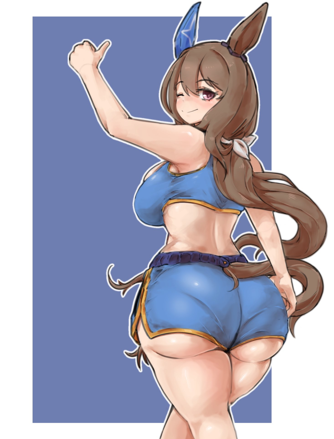 admire vega (umamusume), ass, ass focus, ass peek, back view, backside, big ass, big breasts, breasts, brown hair, crop top, curves, curvy, curvy figure, cute, cute face, female, female focus, female only, horse, horse ears, horse girl, horse tail, hourglass figure, legs, long hair, looking at viewer, mannymcmann, pale-skinned female, pink eyes, revealing, revealing clothes, sexy, sexy body, short shorts, shorts, sideboob, solo, solo female, solo focus, thick, thick ass, thick thighs, umamusume, umamusume pretty derby, winking, winking at viewer