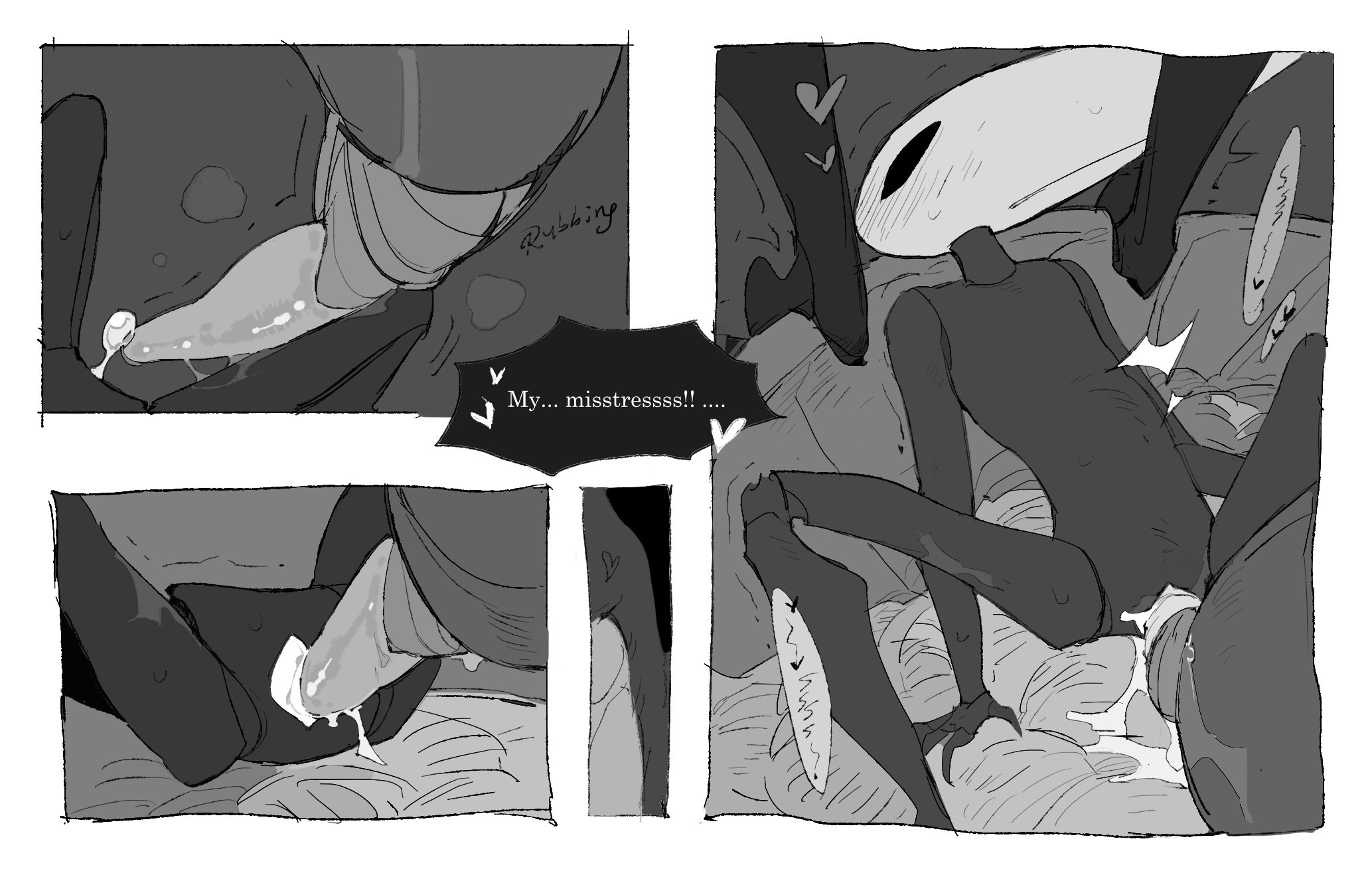 1boy, 1boy1girl, cumming, cumming while penetrating, female, greyscale, heart, hollow knight, hollow knight: silksong, hornet (hollow knight), justdog, male penetrating, multiple panels, multiple views, panels, sex, sex on bed, styx (hollow knight)