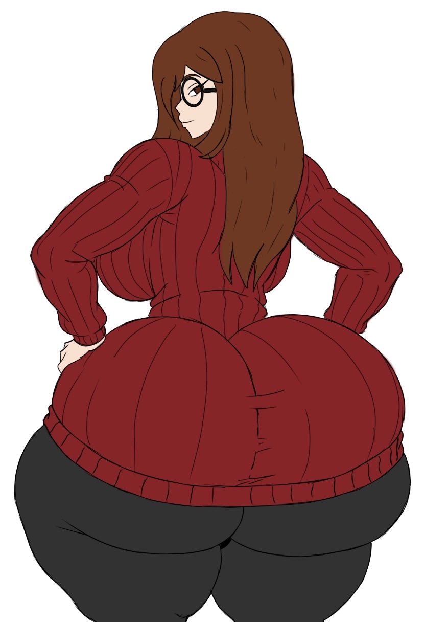 1girls, 2020s, 2025, 2025s, ass, ass focus, back view, big ass, big breasts, black clothes, black clothing, black pants, breasts, bubble ass, bubble butt, curvaceous, curvaceous female, curvaceous figure, curves, curvy, curvy body, curvy female, curvy figure, curvy hips, digital drawing (artwork), digital media (artwork), female, female focus, female only, fully clothed, glasses, hips wider than shoulders, huge ass, huge booty, huge breasts, huge butt, justchris, no background, original, pear shaped female, pear-shaped figure, red clothing, red sweater, round ass, round breasts, round butt, round glasses, simple background, solo, solo female, solo focus, sweater, thick thighs, thunder thighs, thunderthighs, twitter link, valentina (justchris), white background