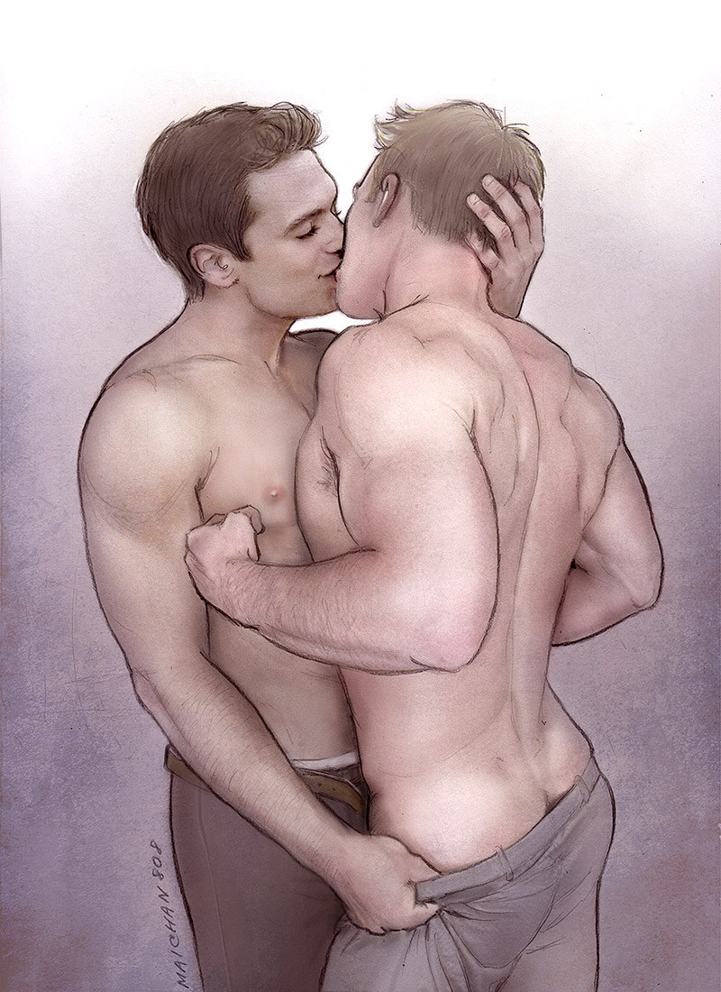 2boys avengers bucky_barnes captain_america gay kissing male male_only marvel partially_clothed steve_rogers topless winter_soldier yaoi