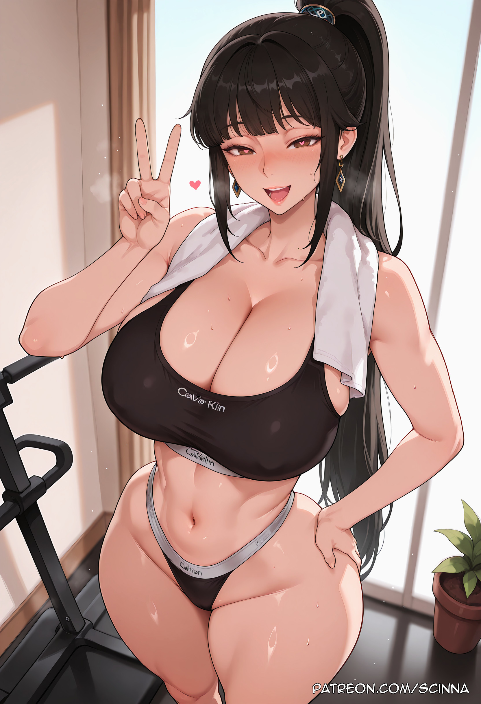 ai generated, bangs, black hair, blush, breasts, cleavage, curvaceous, curvaceous body, curvy, curvy body, curvy female, earrings, eve (stellar blade), female, hand on hip, heart, high ponytail, jewelry, long hair, looking at viewer, navel, open mouth, ponytail, scinna, self upload, smile, sports bra, stable diffusion, stellar blade, sweat, symbol-shaped pupils, w