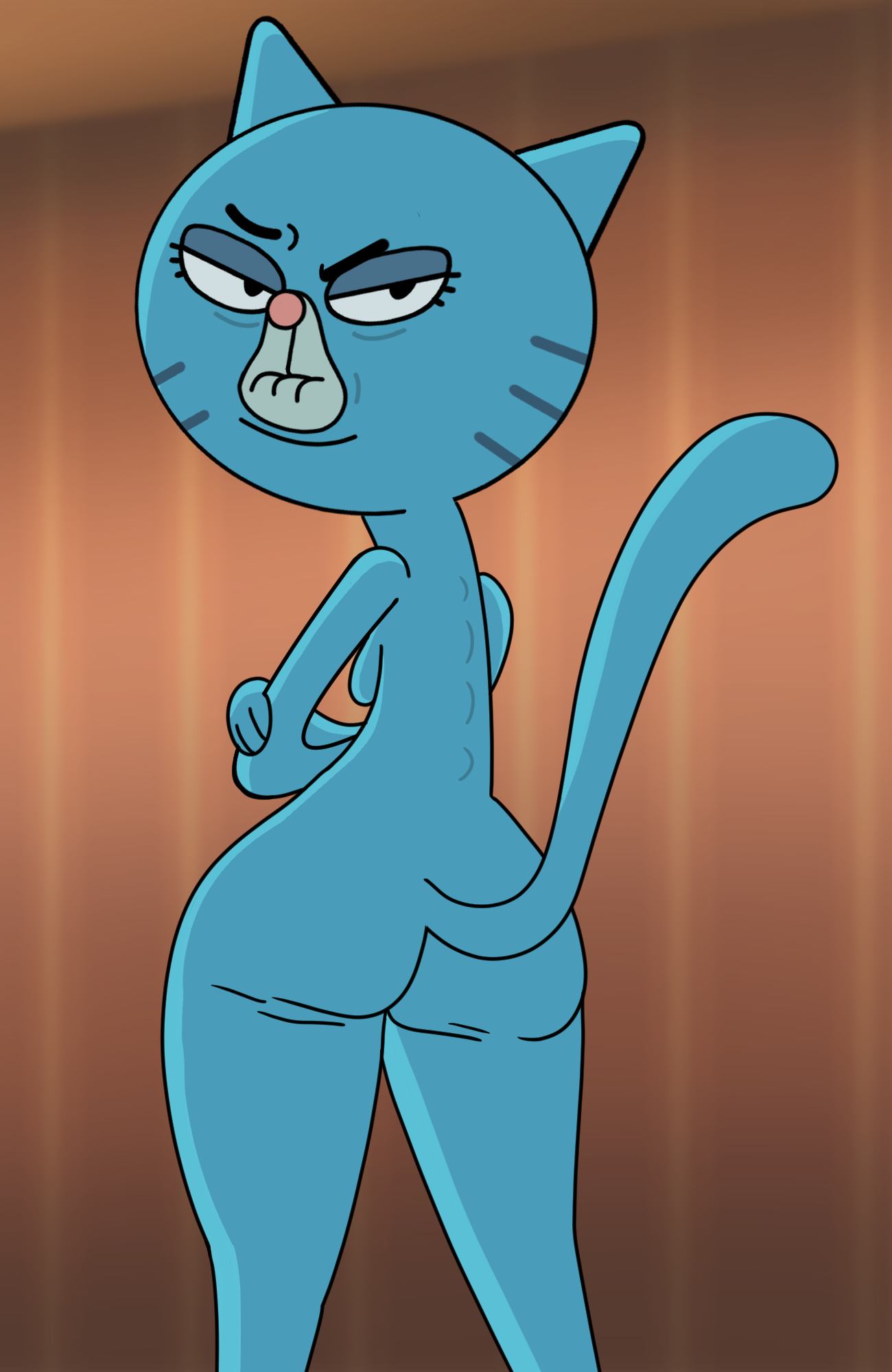 1girls, 2021, anthro, ass, bent arm, big ass, big butt, big eyes, biped, black eyebrows, black eyes, black markings, blue body, blue ears, blue fur, blue tail, blurred background, breasts, cartoon network, completely naked, completely naked female, completely nude, completely nude female, crossed arms, curved eyebrows, digital drawing (artwork), digital media (artwork), domestic cat, elderly, elderly anthro, elderly female, eyebrows, eyelashes, facial markings, felid, feline, felis, female, female only, fur, gilf, granny, half-closed eyes, hand on arm, hand on own arm, head markings, head turned, hi res, impstripe, inside, internal wall, iris, light body, light fur, looking at viewer, looking back, looking back at viewer, mammal, markings, mary senicourt, mature, mature anthro, mature female, mature woman, mouth closed, muzzle (marking), naked, naked female, narrowed eyes, no pupils, nude, nude anthro, nude female, old, old woman, on model, paws, pink nose, pointy ears, portrait, pose, prick ears, raised eyebrow, resting bitch face, round head, round nose, sagging breasts, solo, solo female, standing, stretch marks, tail, the amazing world of gumball, three-quarter portrait, three-quarter view, wall (structure), whisker markings, white markings, white sclera, wide hipped anthro, wide hipped female, wide hips