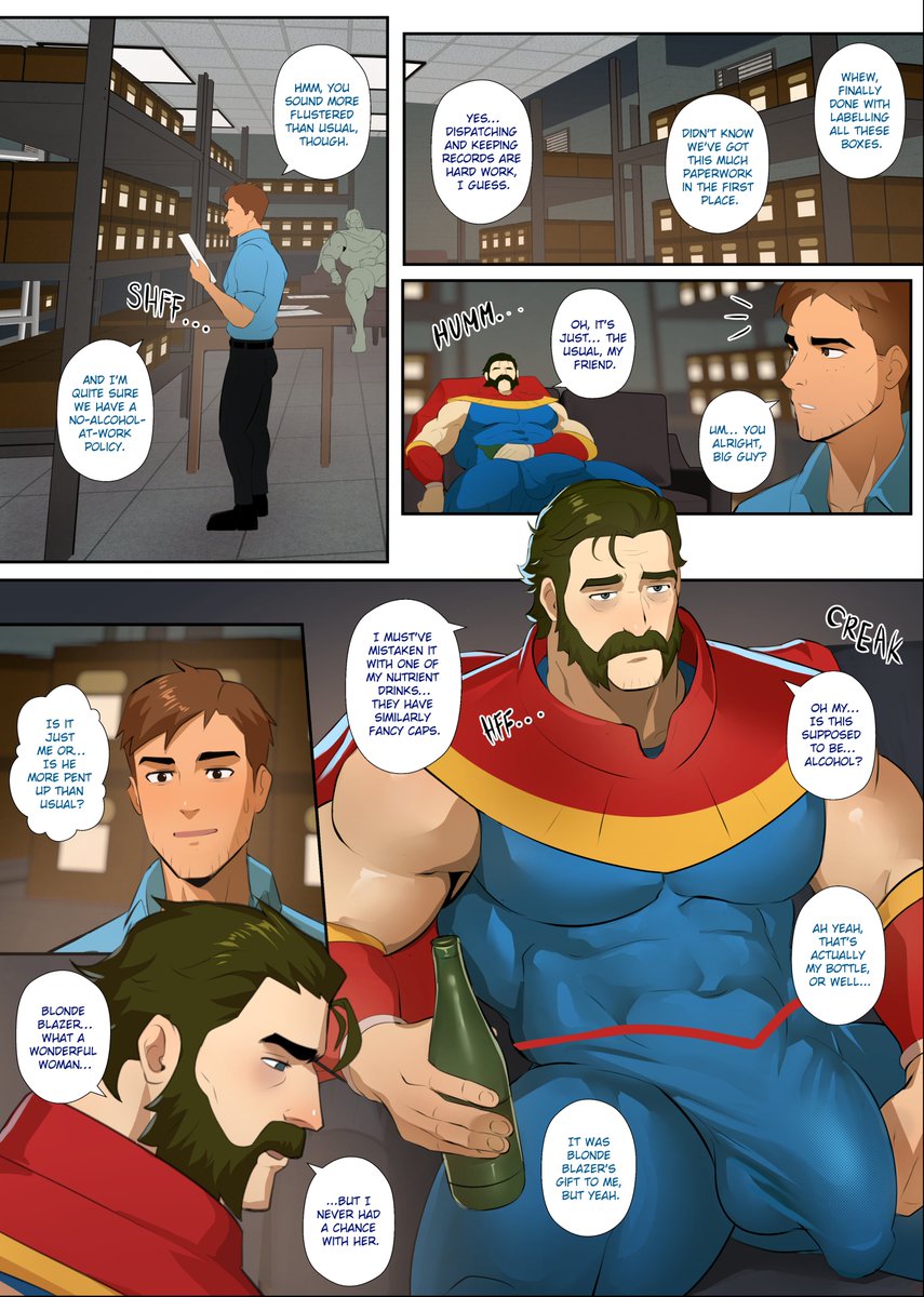 bara, beard, boner, boner in pants, bulge, comic, comic page, daddy, dialogue, dilf, dispatch (game), erection, erection under clothes, gay, jloid, male, male only, muscular, muscular male, phenomaman, robert robertson, size difference, superhero