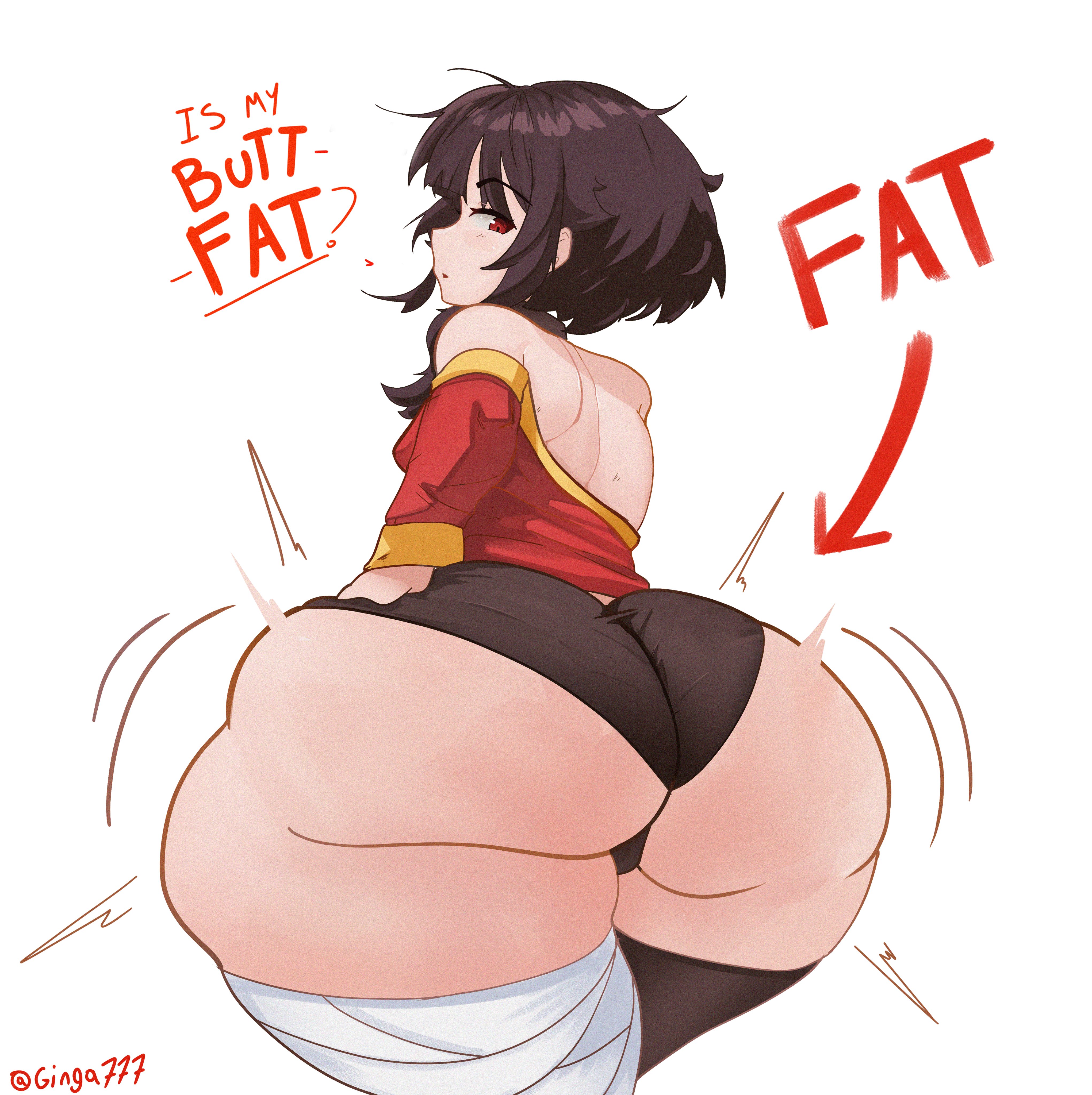 ass, ass conscious, ass size talk, big ass, bottom heavy, fat, fat ass, female, ginga777, hi res, huge ass, kono subarashii sekai ni shukufuku wo!, large ass, looking at viewer, looking back, megumin, self-conscious, size talk, small breasts, solo, talking to viewer, teenager, text, wide hips