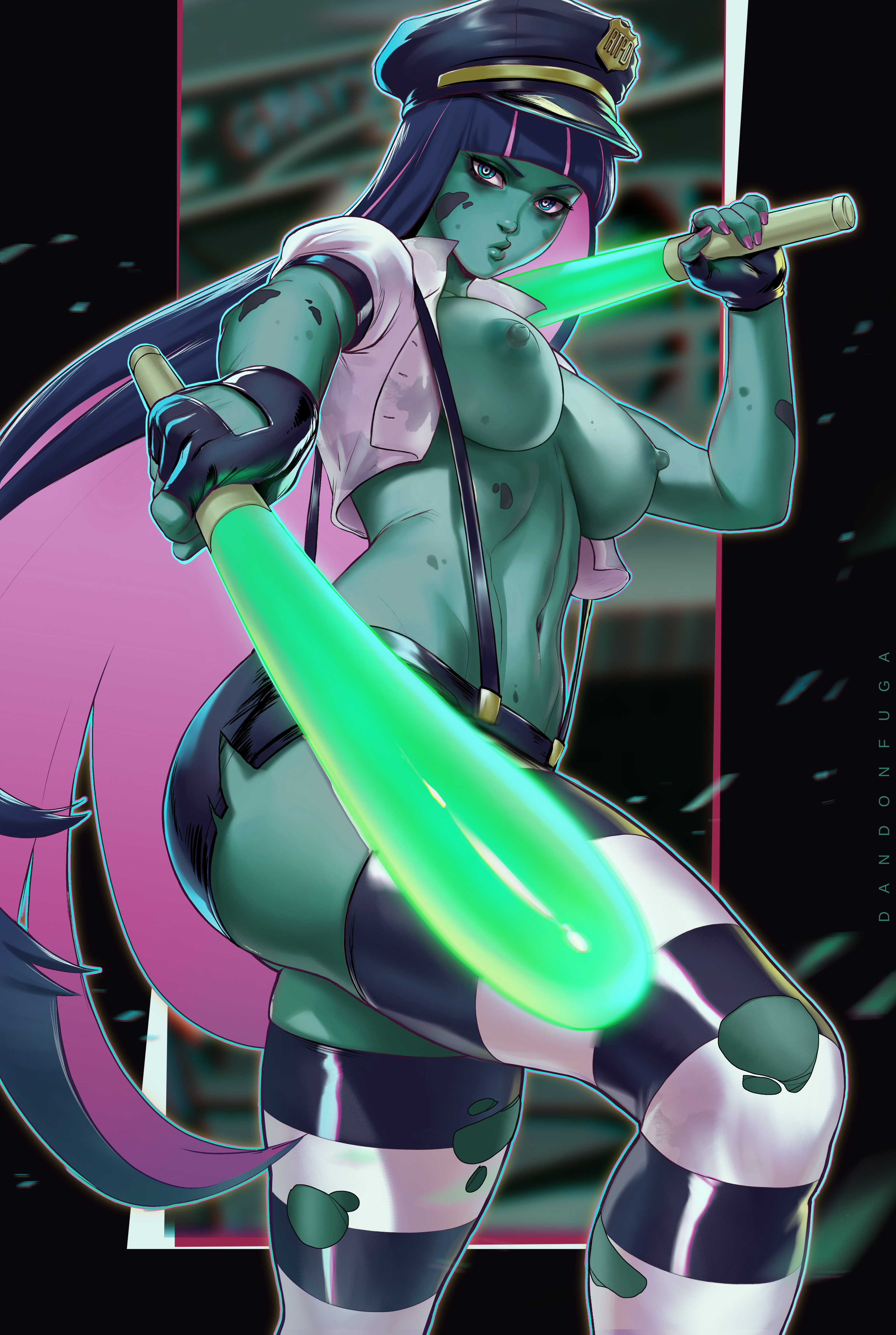 absurd res, areolae, breasts, breasts out, dandon fuga, exposed breasts, female, fingerless gloves, green skin, large breasts, navel, nipples, no bra, nude, open shirt, panty & stocking with garterbelt, solo, stocking anarchy, stockings, suspenders, thighhighs, thighs, torn thighhighs, zombie, zombie girl