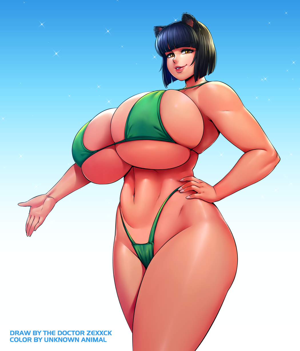 1girls animal_ears big_breasts bikini breasts bursting_breasts cleavage female female_only hourglass_figure huge_breasts looking_at_viewer muscular_female sideboob solo swimsuit underboob zexxck