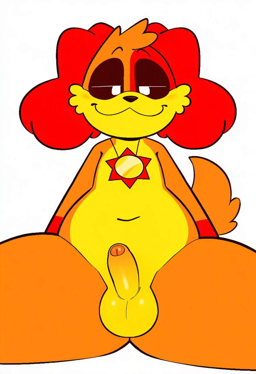 :3, ai generated, balls, bedroom eyes, belly, canine, critters (poppy playtime), dick, dogday, dogday (poppy playtime), flaccid, foreskin, kibblomayo, looking at viewer, male only, mascot horror, mob entertainment, mob games, no humans, open legs, orange ears, orange fur, orange tail, ornament, penis, poppy playtime, poppy playtime (chapter 3), presenting, presenting penis, smile, smiling critters, smug face, solo, sun pendant, tagme, tagme (artist), yellow body, yellow fur