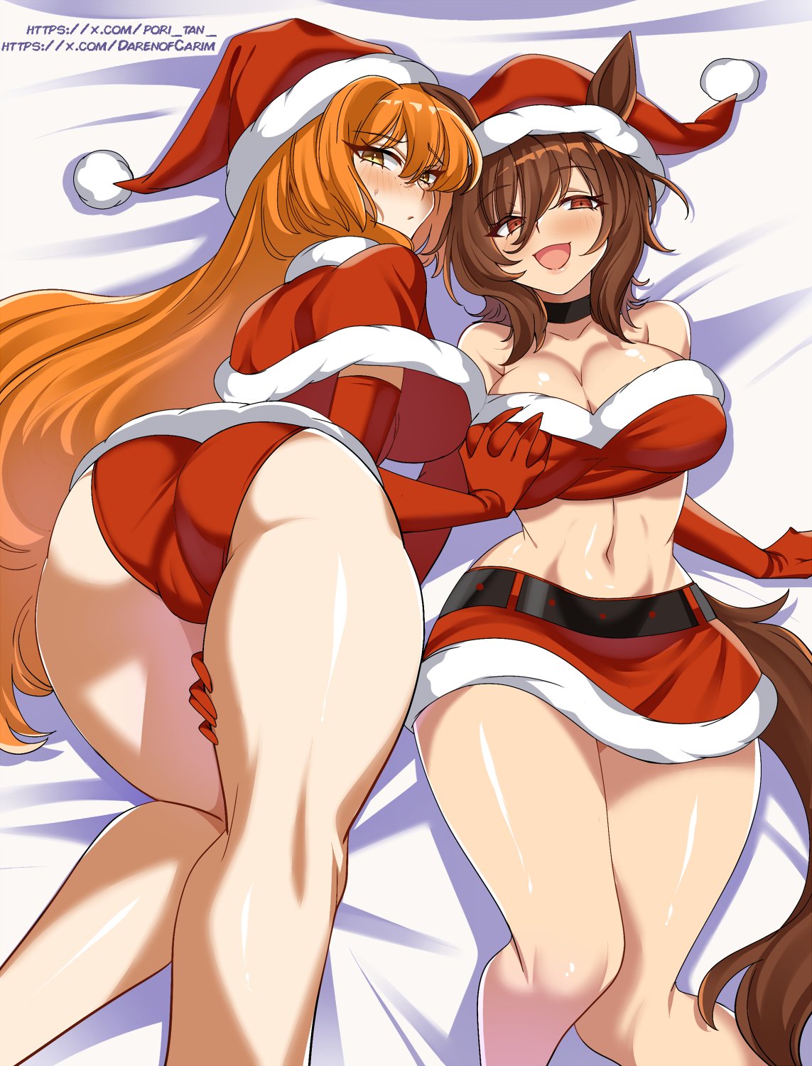 2d, 2d (artwork), 2girls, agnes tachyon (umamusume), bed, blush, busty female, choker, christmas outfit, curvy figure, embarrassed female, exposed midriff, groping breasts, groping thighs, happy female, horse girl, ishmael (limbus company), large ass, large breasts, laying on bed, limbus company, long hair, looking at viewer, out of character, pori tan , presenting hindquarters, project moon, santa costume, thick thighs, umamusume