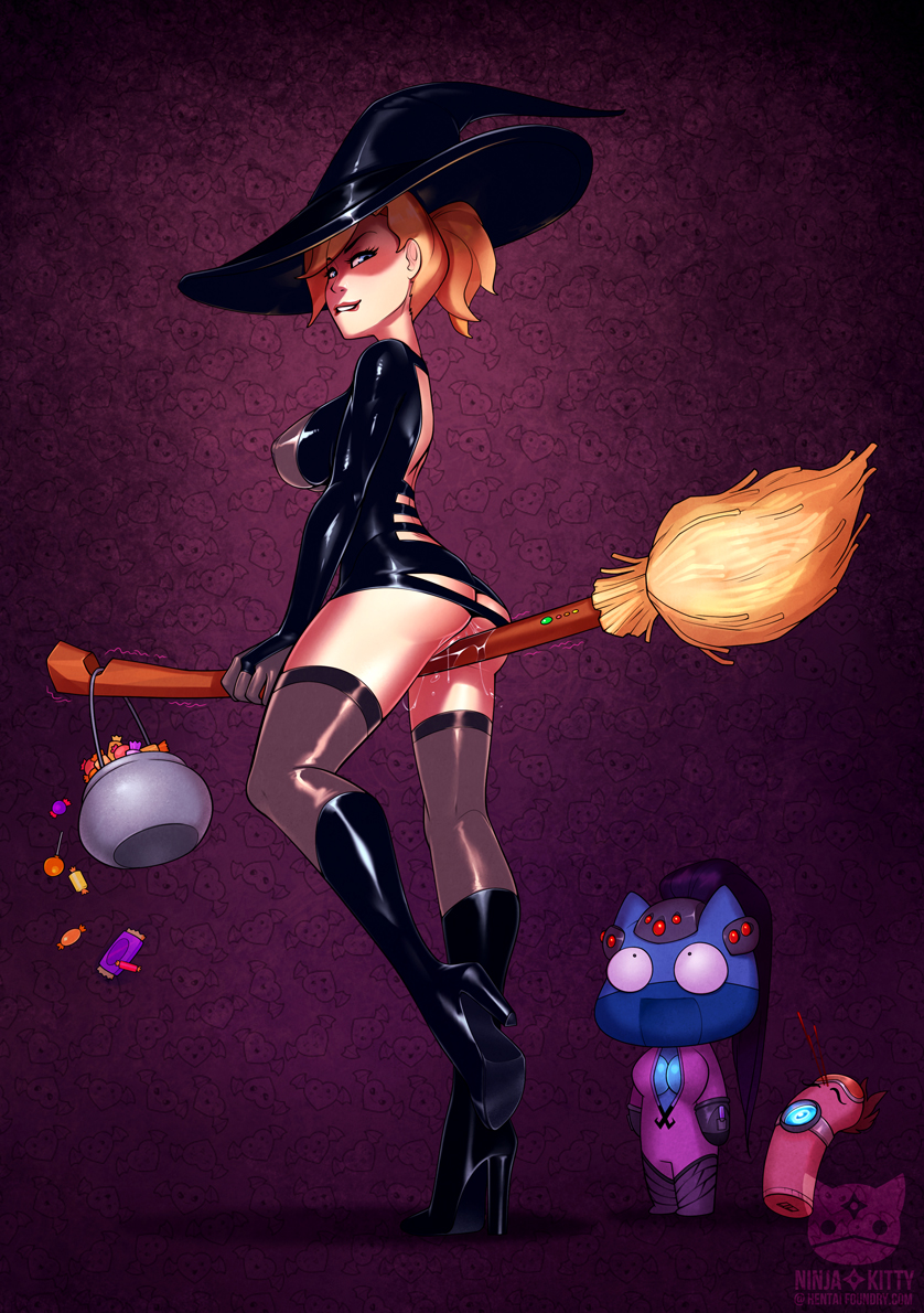 alternate_costume ass biting_lip blonde_hair bottomless breasts broom candy cauldron erect_nipples goth halloween halloween_costume high_heel_boots high_heels looking_at_viewer mercy ninjakitty no_panties overwatch overwatch_2 pussy_juice pussy_juice_string pussy_juice_trail shaking stockings tracer_(cosplay) wet widowmaker_(cosplay) witch_hat witch_mercy