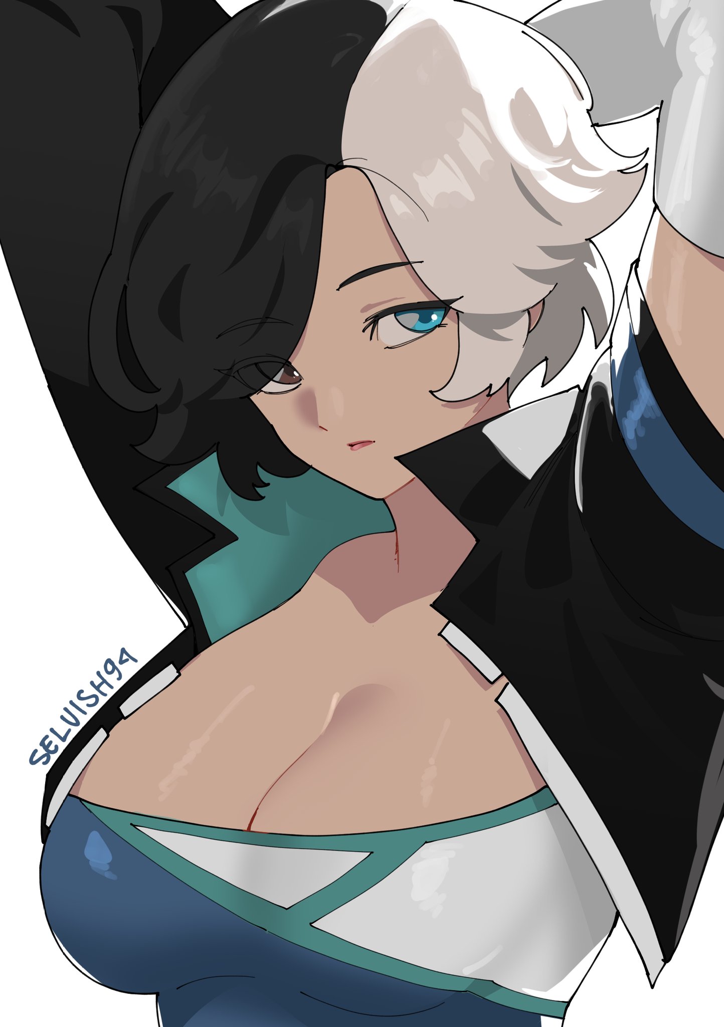 1girls, 2d, arms up, artist name, breasts, cleavage, cropped jacket, female, heterochromia, jacket, large breasts, luna snow, luna snow (marvel rivals), marvel, marvel rivals, multicolored hair, selvish94, shiny skin, short hair, simple background, solo, split-color hair, two-tone hair, white background