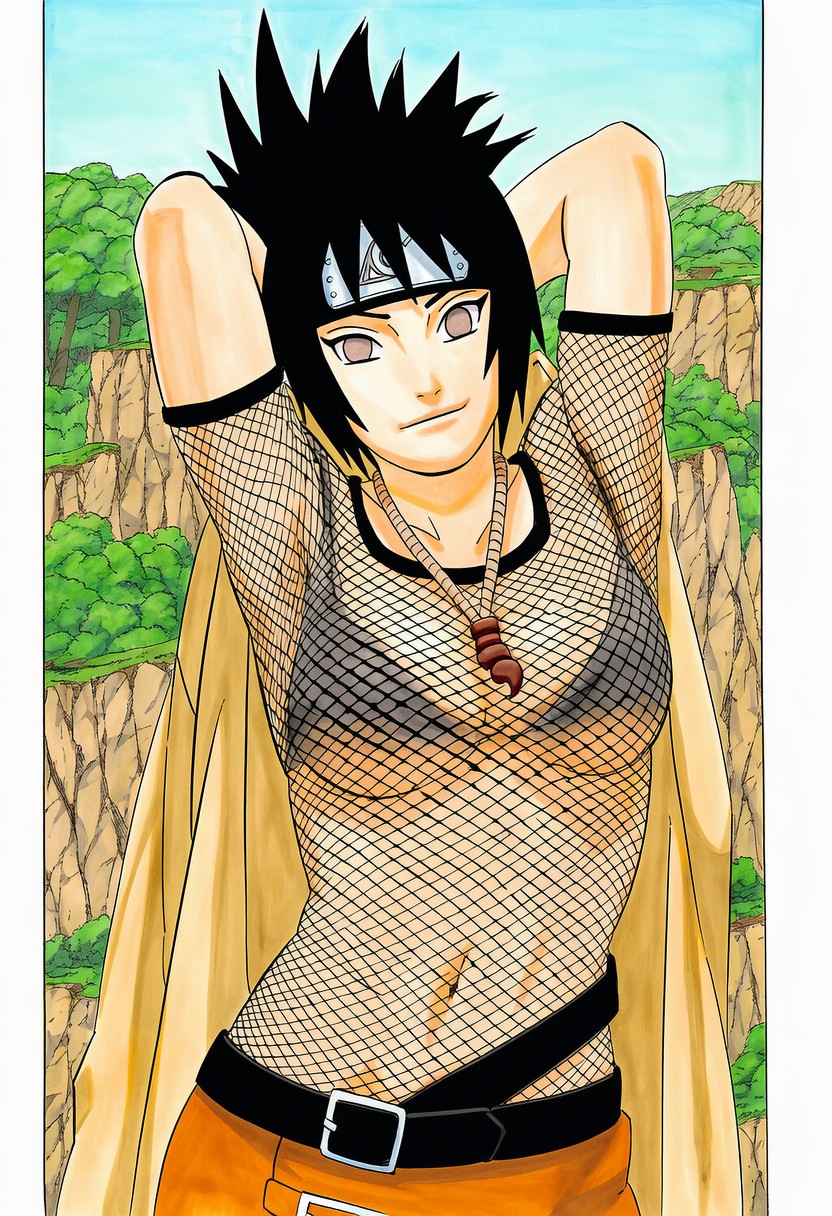 1girls, accurate art style, ai generated, arms behind head, arms up, belt, black hair, bodysuit, bra, bra visible through clothes, breast focus, breasts, breasts out, clothing, coat, exposed breasts, feet, female, female focus, female only, fishnets, flashing, flashing breasts, forehead protector, headband, high resolution, konohagakure symbol, manga style, masashi kishimoto style, mitarashi anko, naruto, naruto (series), naruto shippuden, necklace, oppai, panties, pinup, ponytail, presenting, presenting breasts, sandals, see-through, see-through clothing, showing breasts, shunchi, skirt, solo, solo focus, trenchcoat, uncensored, underwear, undressing, upper body