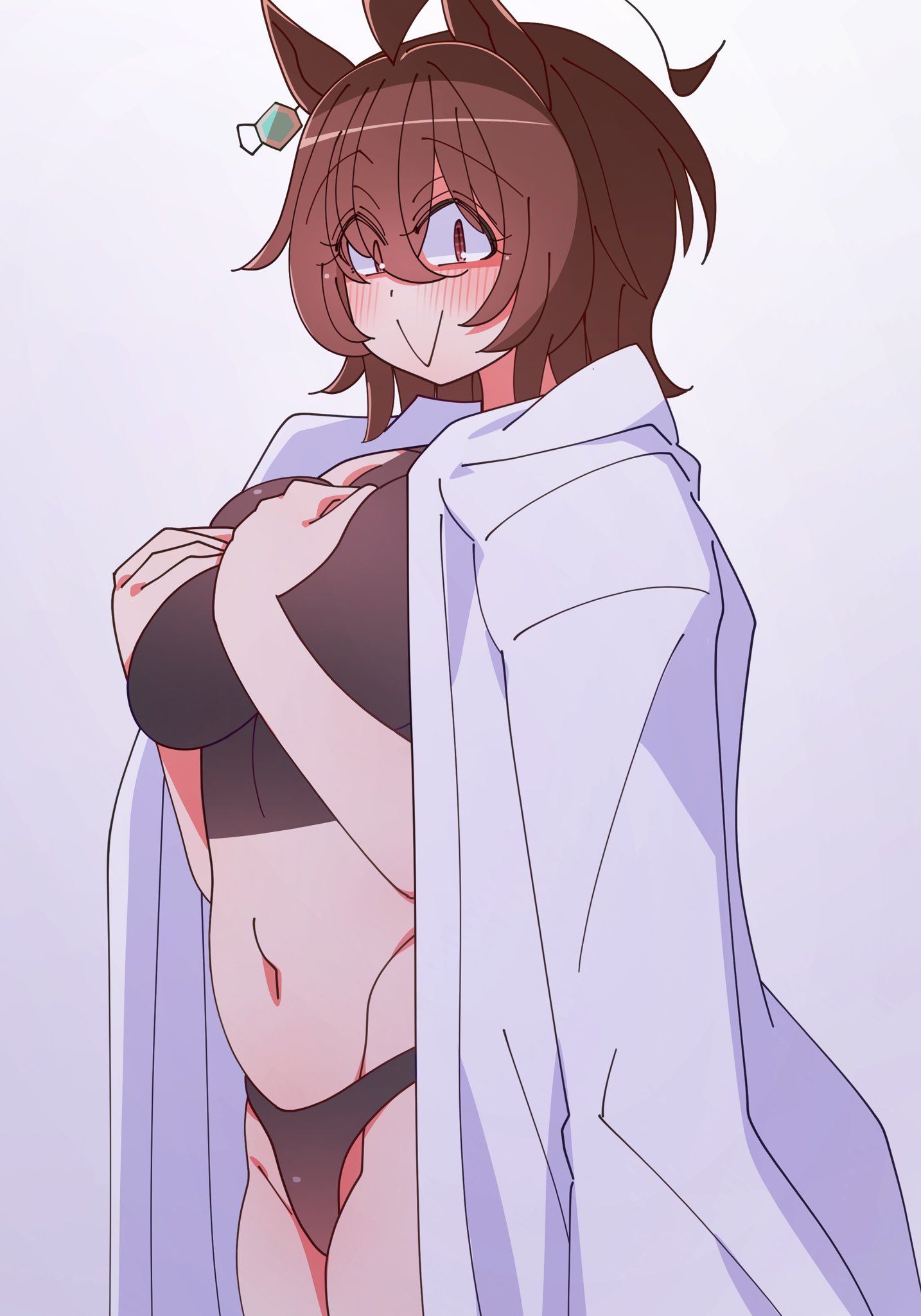 :>, 1girls, 2026, agnes tachyon (umamusume), animal ears, big breasts, black bra, black panties, bra, breast grab, breasts, brown hair, female, female only, happy, happy female, hi res, huge breasts, kaijin debeso, light skin, light-skinned female, looking at viewer, partially clothed, red eyes, semi nude, simple background, smile, solo, stomach, tail, thick thighs, thighs, umamusume, umamusume pretty derby, white background