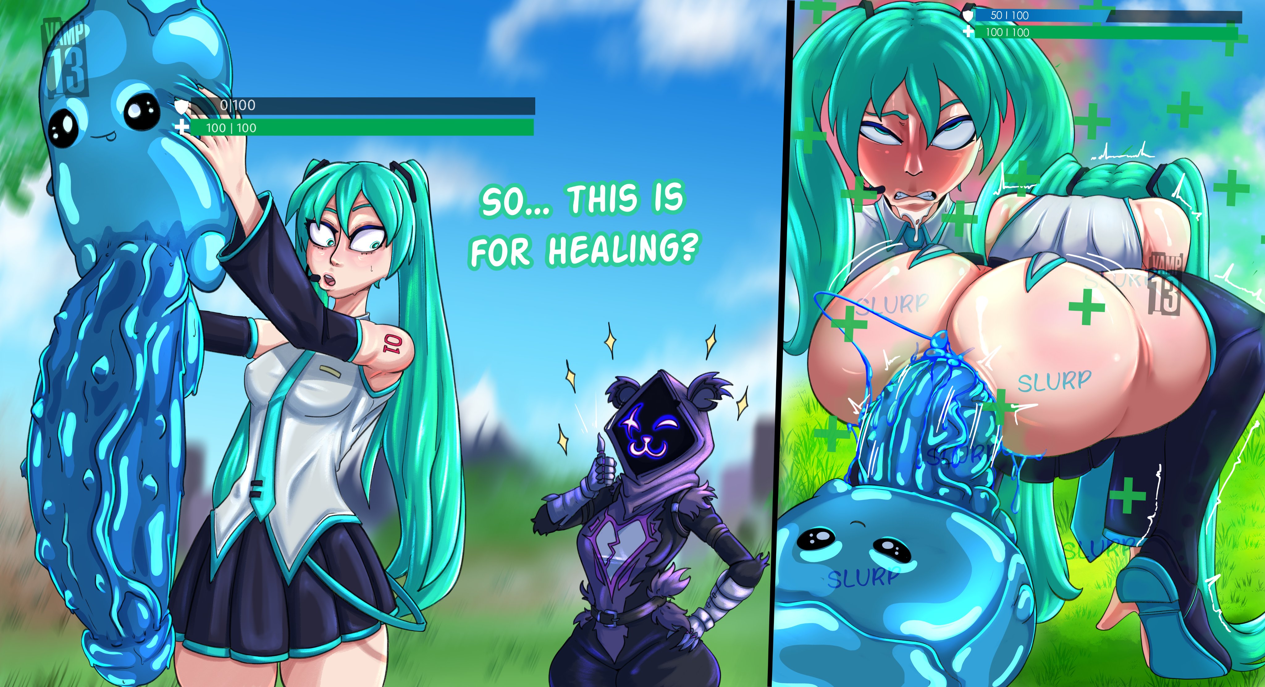 1girl, ahegao, anal, anal object insertion, aqua eyes, aqua hair, ass, bare shoulders, big ass, black skirt, blush, boots, breasts, carrying, comic, detached sleeves, dildo, english text, fluids, fortnite, from behind, grass, hand on hip, hatsune miku, high heels, holding, large insertion, long hair, miniskirt, necktie, object insertion, outdoors, pleated skirt, pussy juice, raven team leader, rolling eyes, sex toy, shirt, skirt, sleeveless shirt, small but hung, sparkle, sprite (fortnite), squatting, tattoo, thigh boots, thighhighs, twintails, vaginal, vaginal penetration, vamp13, very long hair
