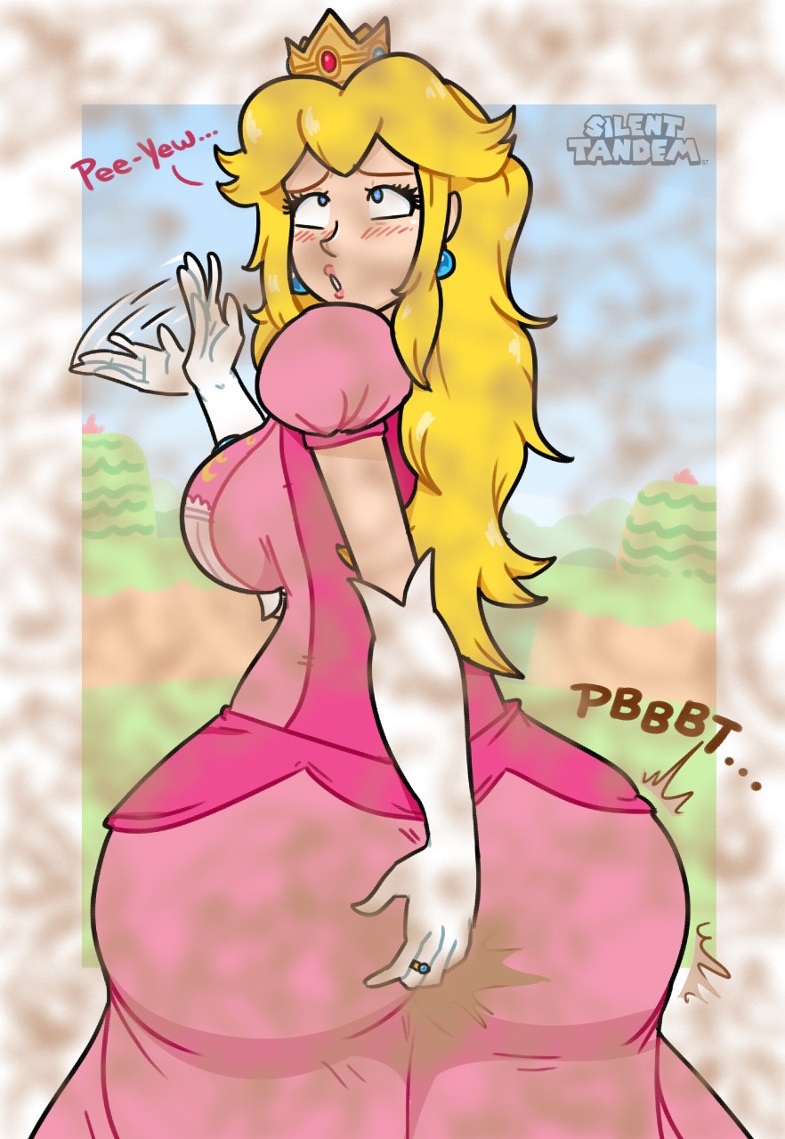 blonde hair, blush, bubble butt, crown, edit, edited, embarrassed, eyes, fan edit, fanning, fart, fart cloud, fart edit, fart everywhere, fart fetish, farting, female, mario (series), pink dress, princess peach, silenttandem