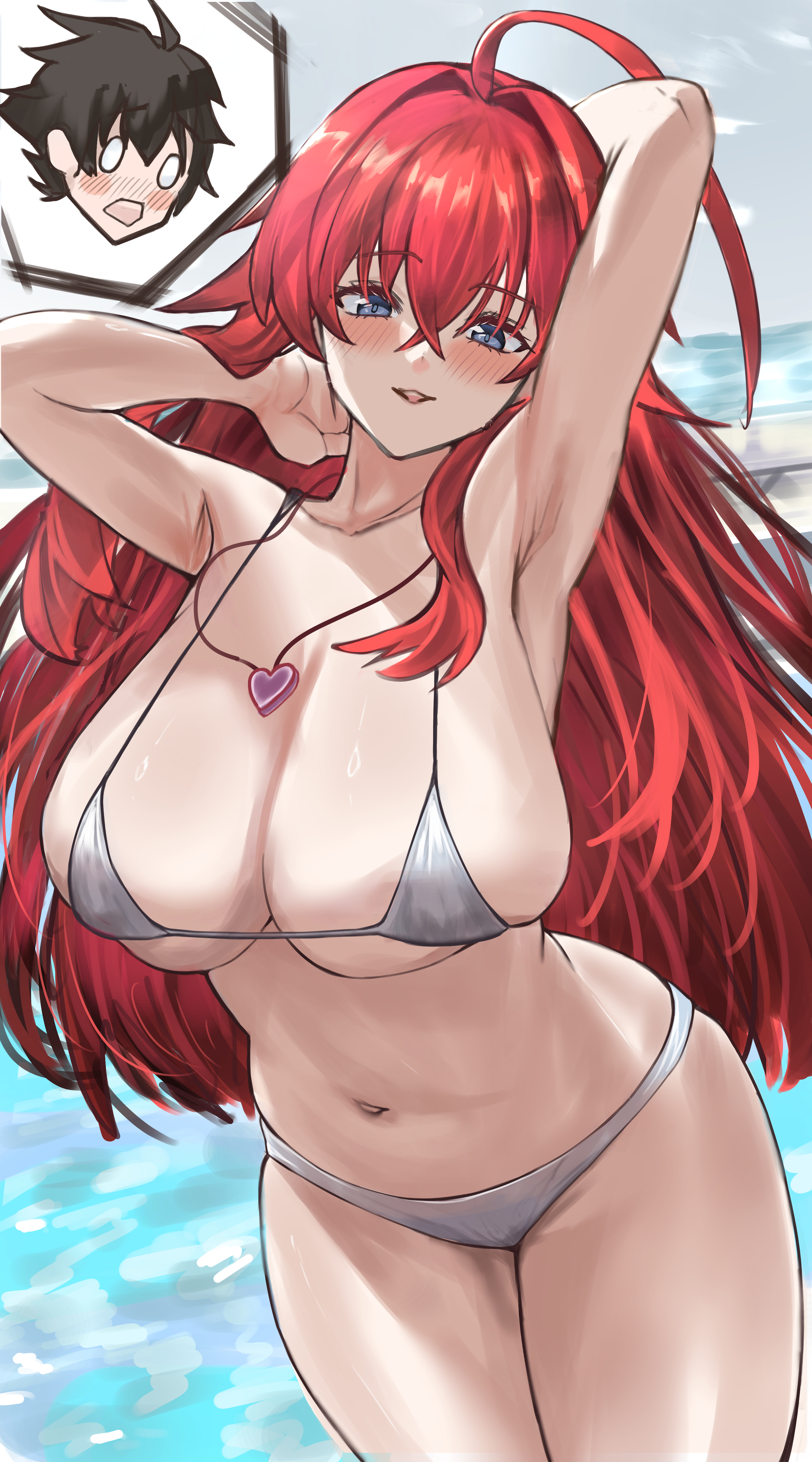 absurdres, ahoge, armpits, arms behind head, beach, big breasts, bikini, blue eyes, blush, blush lines, breasts, clouds, collarbone, crossed bangs, female, hair between eyes, heart, heart necklace, high school dxd, highres, huge breasts, hyoudou issei, jewelry, long hair, looking at viewer, navel, necklace, nuo (fttv3255), ocean, open mouth, outdoors, presenting armpit, red hair, rias gremory, sidelocks, silver bikini, skindentation, smile, solo focus, swimsuit, teasing, thick thighs, thighs, wide hips