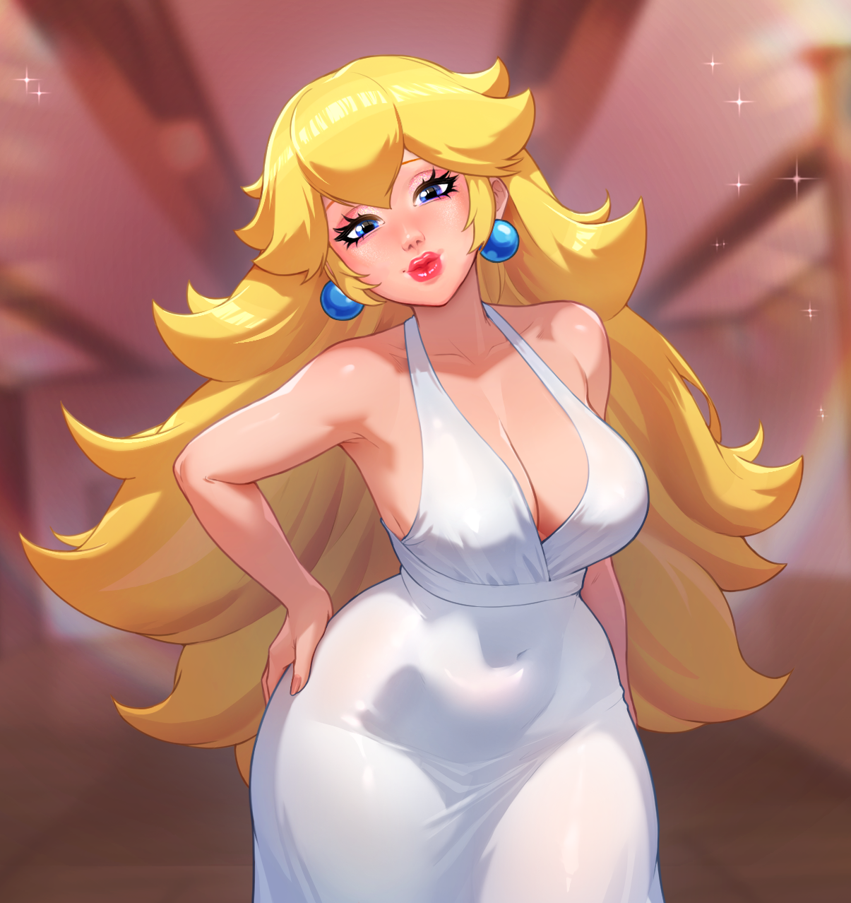 2d, 2d (artwork), 2d artwork, 2d nsfw, big eyes, blonde female, blonde hair, blonde hair female, blue eyes, blush, clothed, clothed female, clothing, curves, curvy, curvy body, curvy female, curvy figure, curvy hips, dress, earrings, female, female focus, horny, horny female, hornyunion, light skin, light-skinned, light-skinned female, marilyn monroe (cosplay), mario (series), naughty, naughty face, naughty smile, nintendo, pink lips, princess, princess peach, royalty, rule34, see through clothing, smile, smiling at viewer, solo, solo female, straight, super mario bros., tagme, thick, thick hips, thick legs, thick thighs, transparent clothing, video game, video game character, video game franchise, video games, white dress, yellow hair