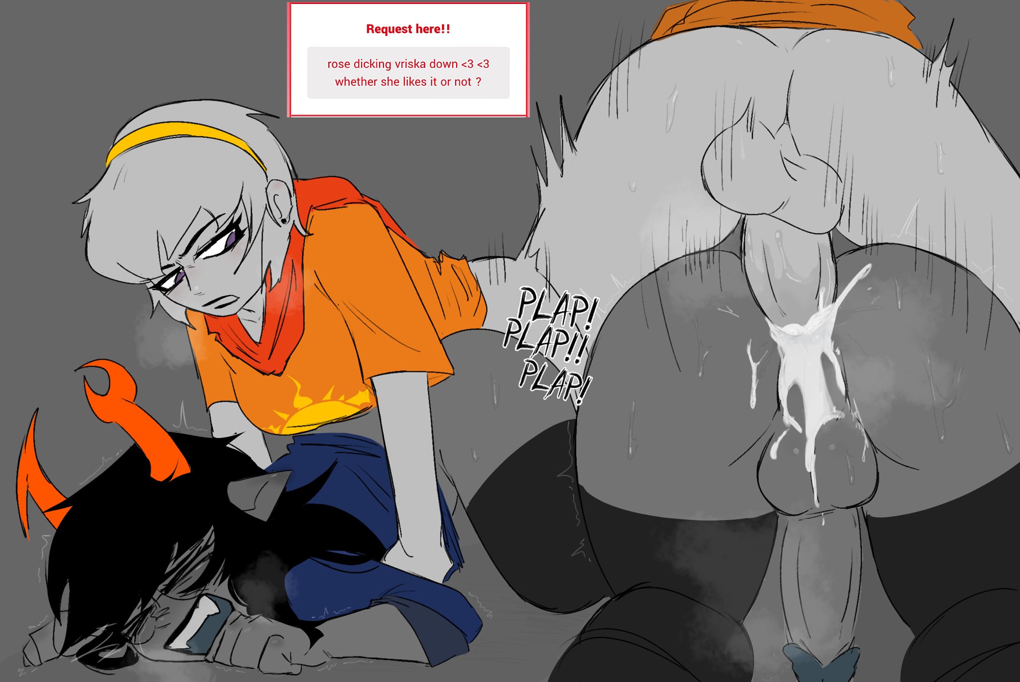 2futas, anal, anal sex, annoyed expression, ass, backsack, balls, big ass, big ass (futa), black hair, bottomless, cum, cum in ass, cum inside, dubious consent, electric (artist), futa focus, futa on futa, futa only, futanari, homestuck, horns, penis, plap, purple eyes, rose lalonde, tagme, trans woman, transfem, vriska serket, white hair