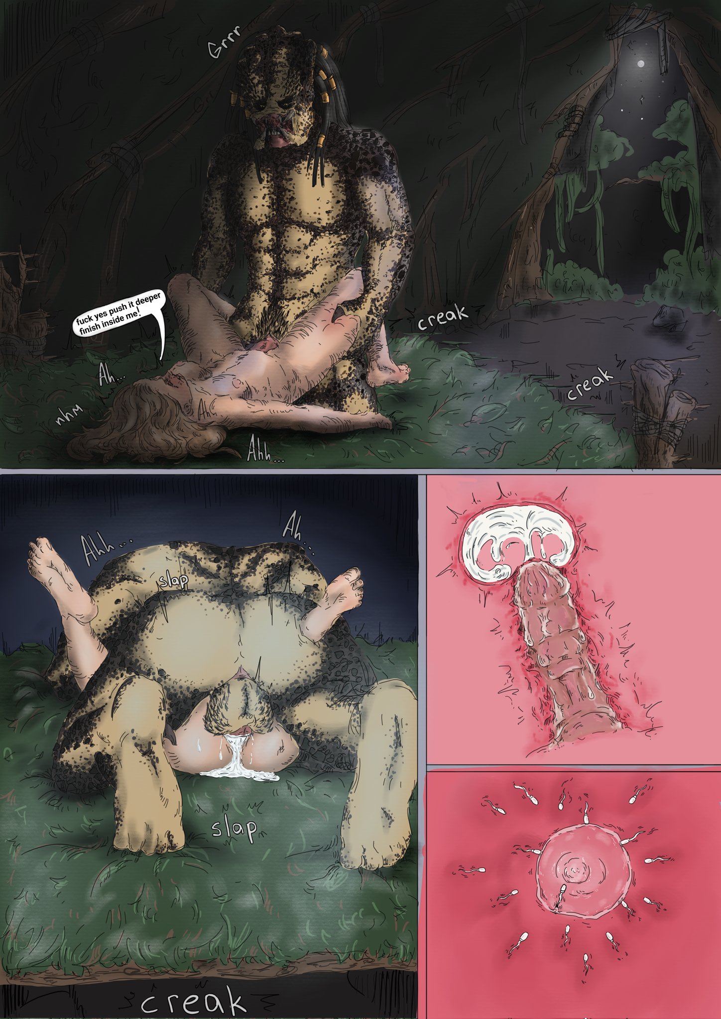 1boy, 1girls, alien, breasts, brown hair, cross section, cum, cum in pussy, cum in uterus, cum inside, errrso (artist), female, human, impregnation, internal cumshot, interspecies, interspecies impregnation, long hair, male, nipples, ovum, penetration, penis, predator (franchise), pussy, sex, sperm cell, spread legs, uterus, vaginal penetration, x-ray, yautja