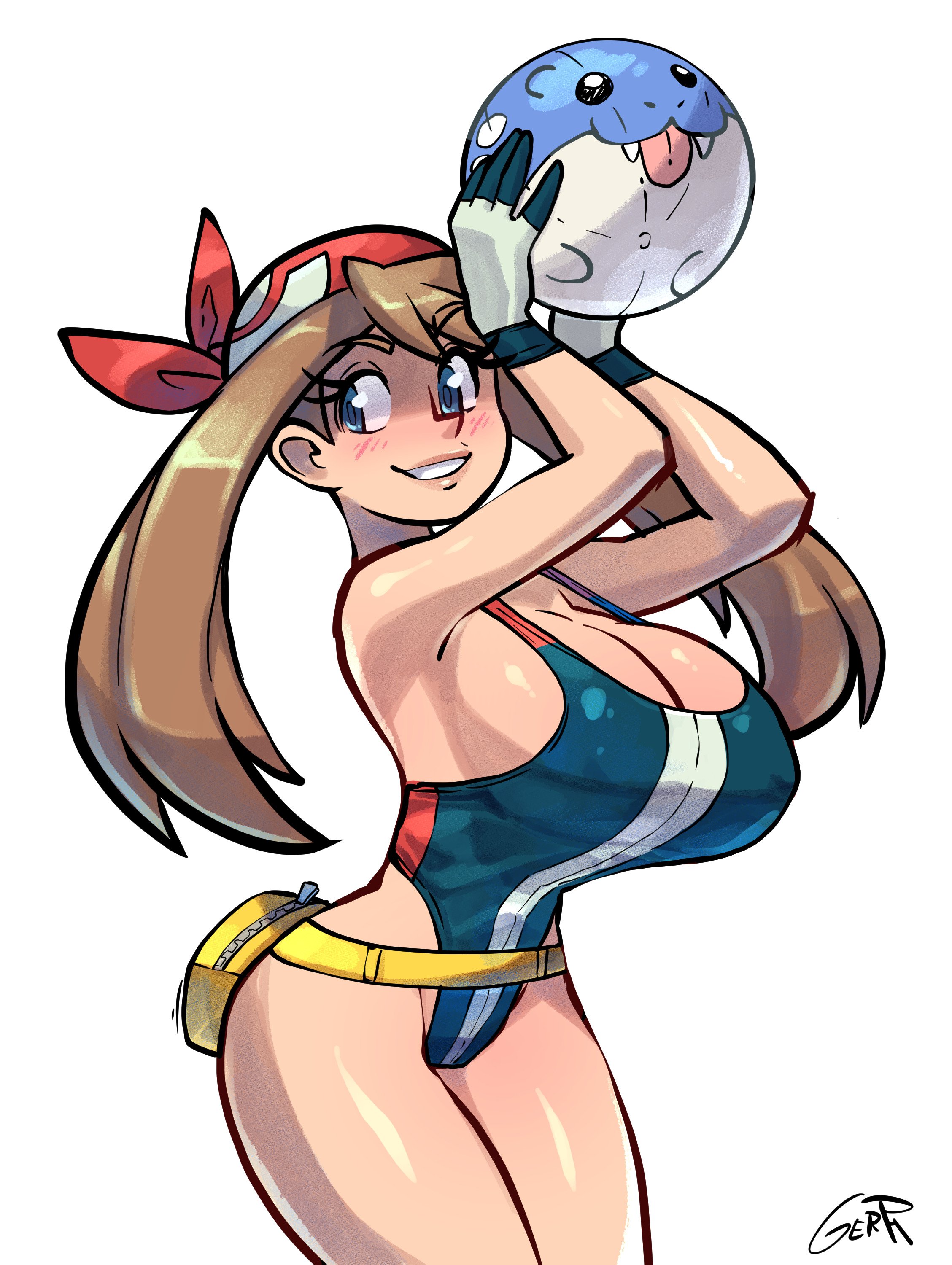bag, bandana, belt, big breasts, breasts, cleavage, fanny pack, female, female only, gerph, gloves, human, human only, large breasts, looking at viewer, may (pokemon), nintendo, one-piece swimsuit, pokemon, solo, swimsuit