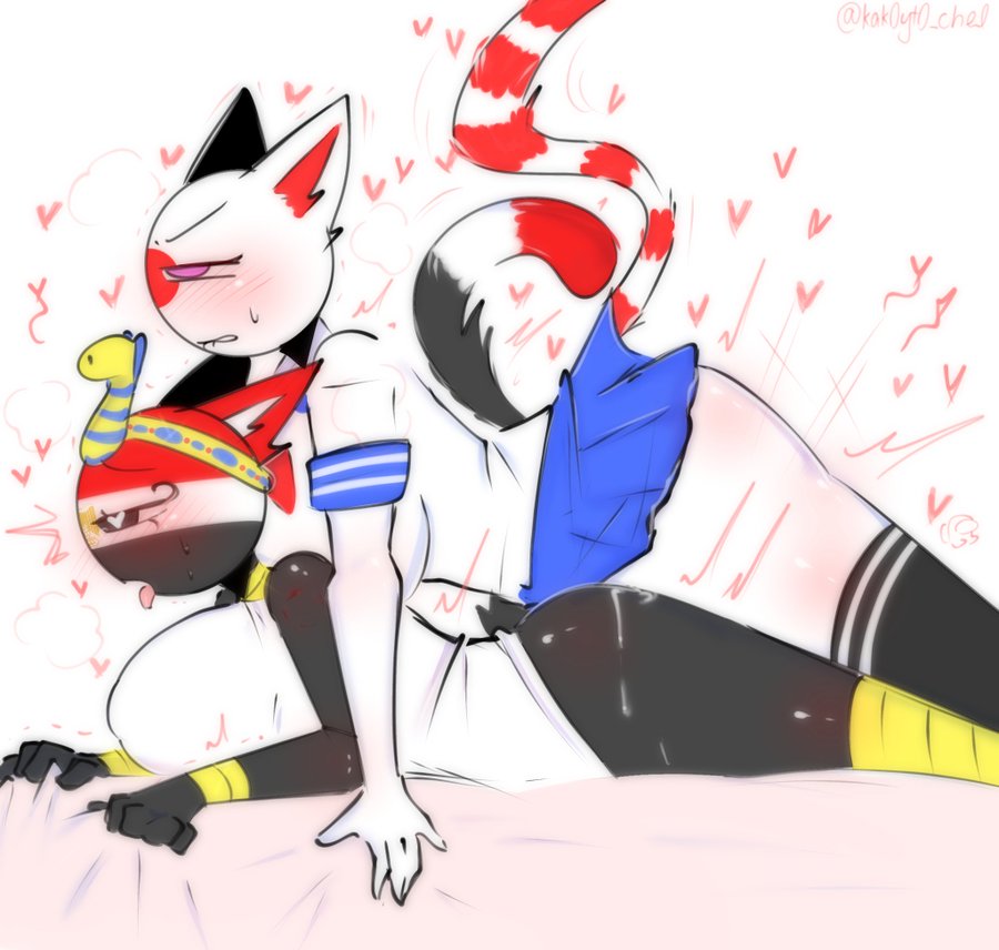1futa, 1girls, anal, ass on ass, big breasts, bottomless, breasts, cat ears, countryhumans, countryhumans girl, cum, cum in ass, cum inside, egypt (countryhumans), egyptian, egyptian clothing, female, futa on female, futanari, japan (countryhumans), kak0yt0 chel edit, kak0yt0 chel style, stockings