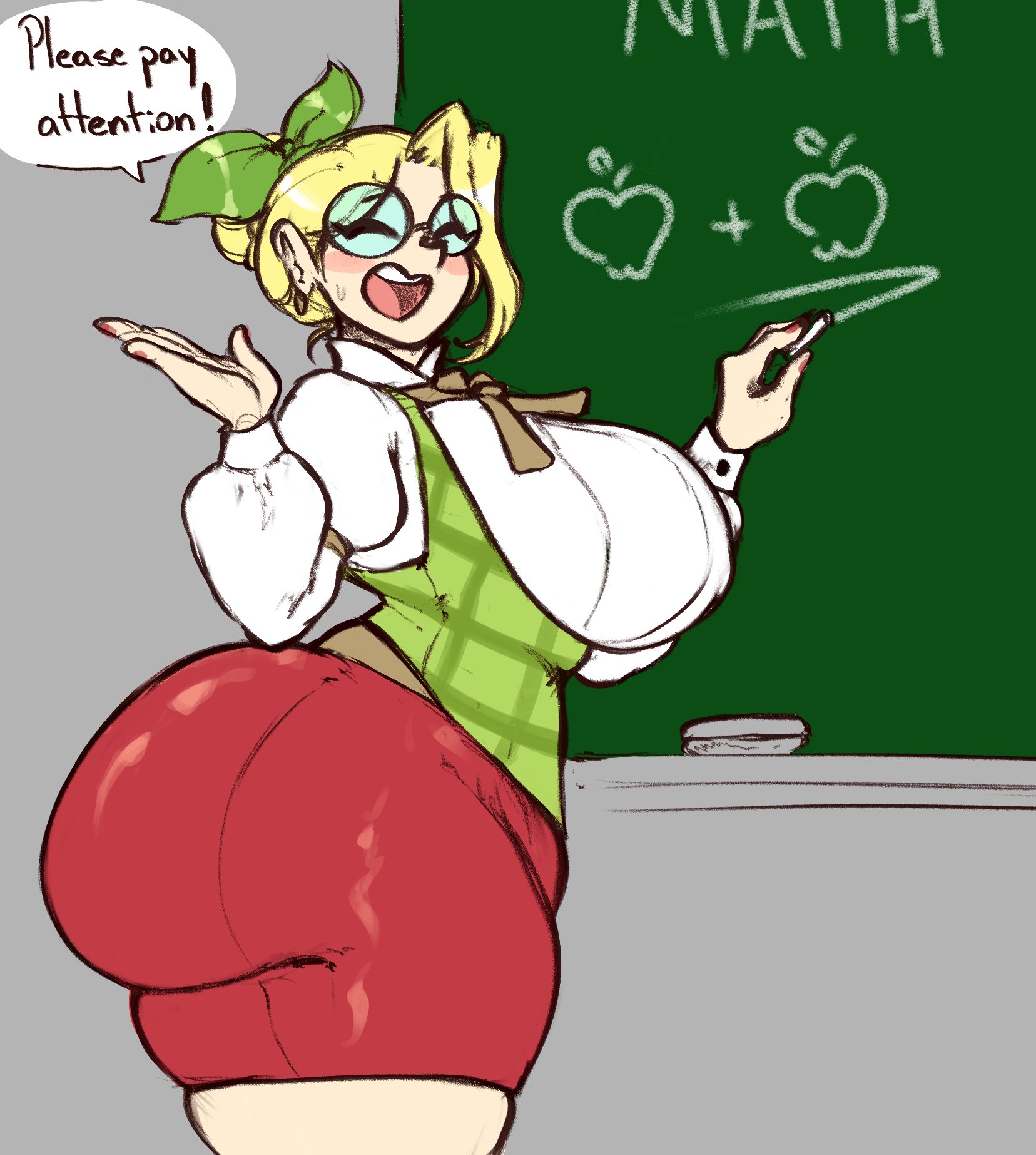 1girl, apple butt, ass, big ass, big breasts, blonde hair, blush, breasts, curvaceous, curvy, curvy female, dress, eljarochofeliz, erect nipples, fat ass, female, glasses, headband, olivia applepie, plump ass, smile, teacher, thick thighs, voluptuous, voluptuous female
